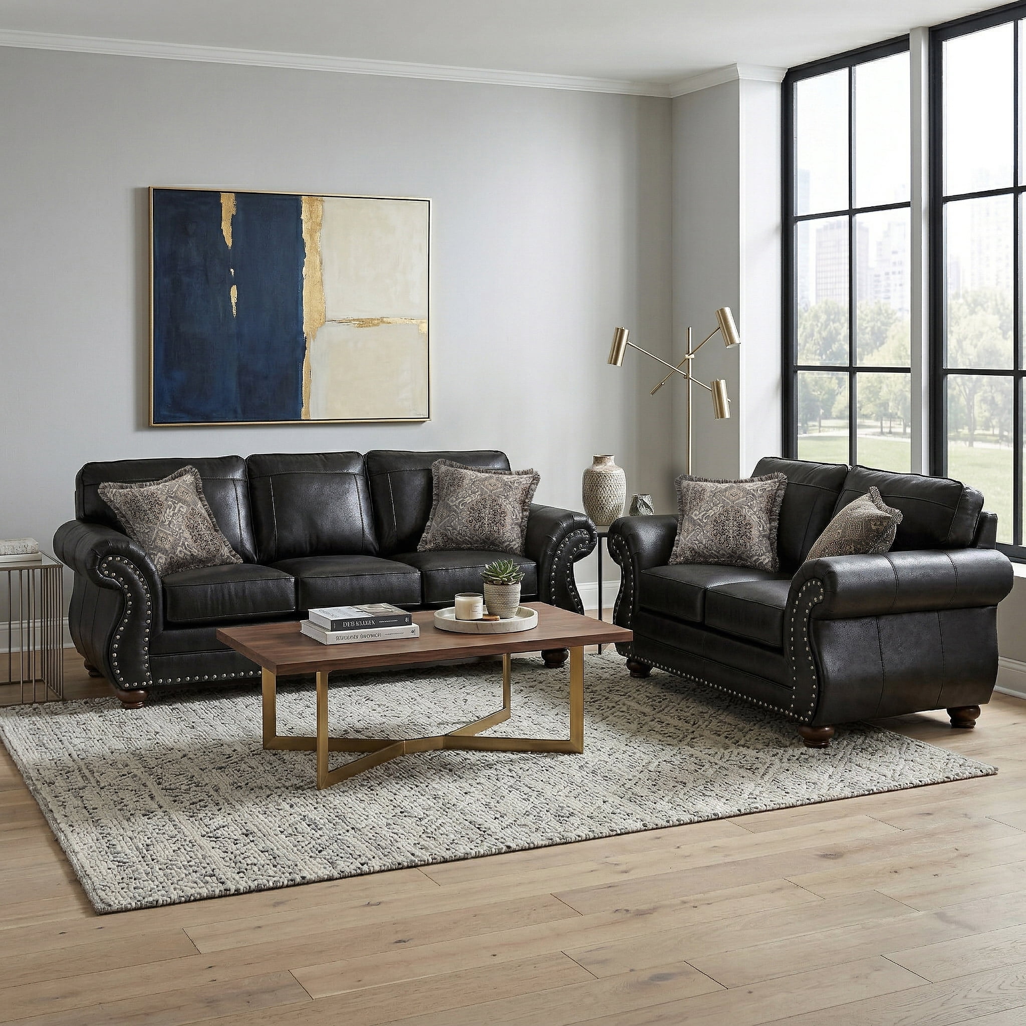Roundhill Furniture Leinster 2-Piece Living Room Set, Sofa and Loveseat, Black