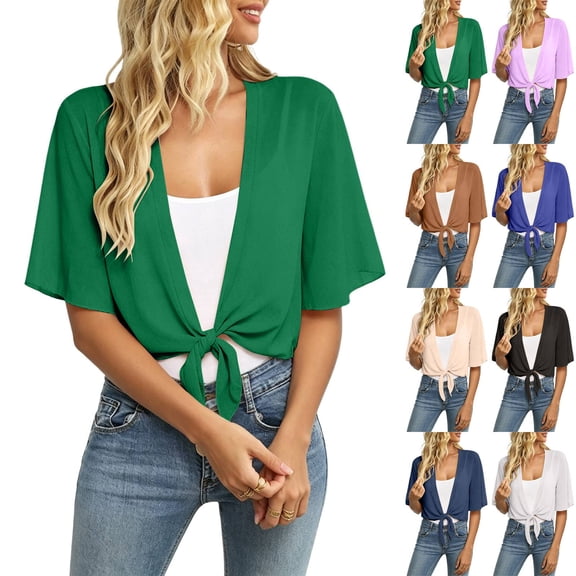Womens Cropped Shrug Cardigan 3/4 Sleeve Open Front Tie Knot Chiffon Lightweight Summer Sheer Shawl Dark Green L