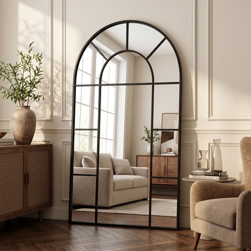 Easy4Home 24"x55" Arched Window Pane Vanity Decorative Wall Mirror,Black