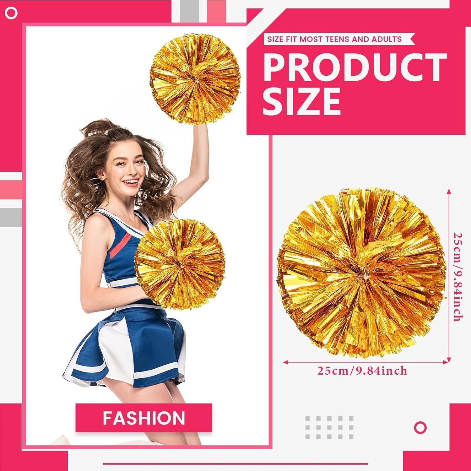 Zhangyh Pom Poms Cheerleading,Fluffy Cheerleader Pompoms with Finger Ring Handle,Metallic Pom Poms Cheerleading for Celebration (Blue, 4 Pack)