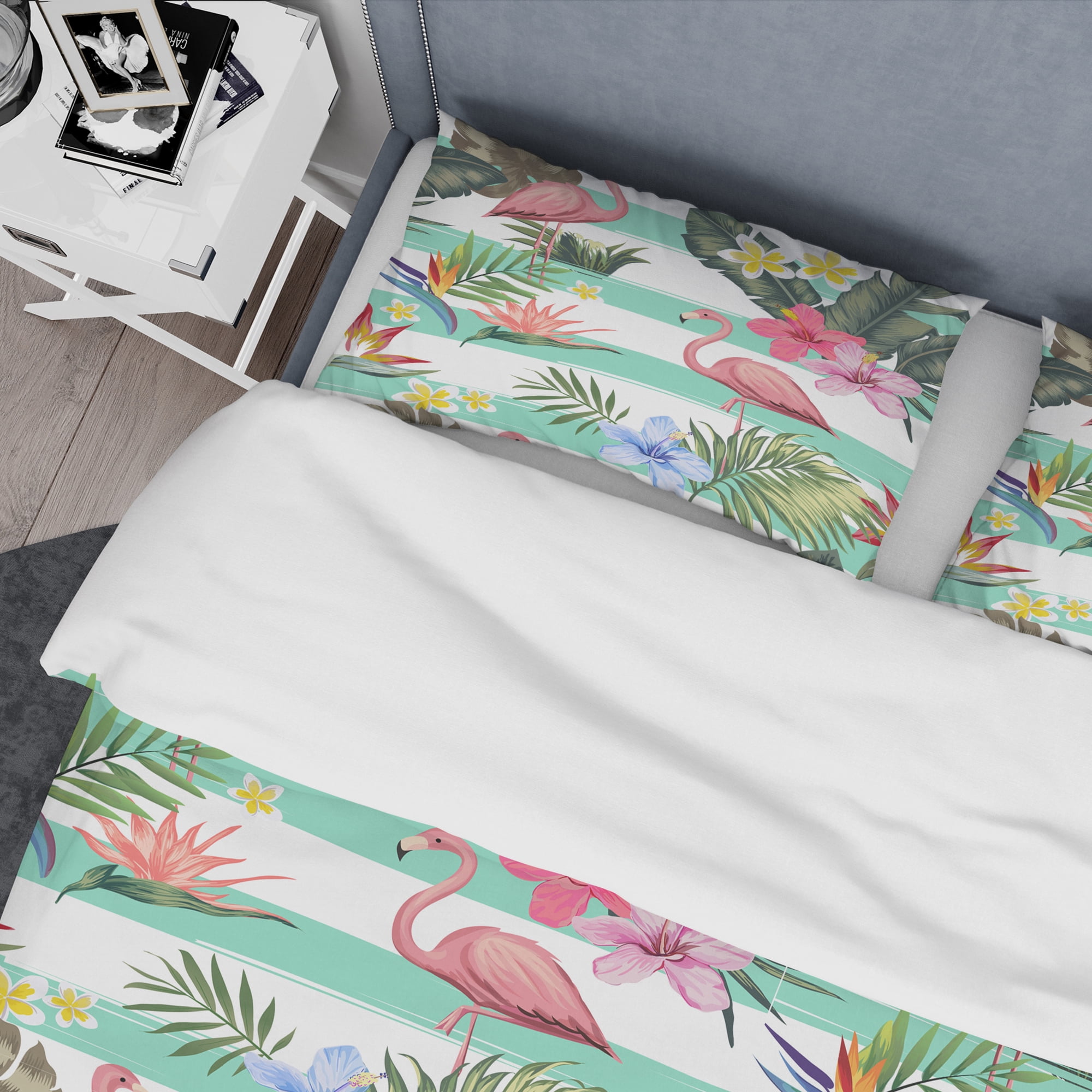 Designart 'Tropical Botanicals, Flowers And Flamingo' Mid-Century Modern Duvet Cover Set