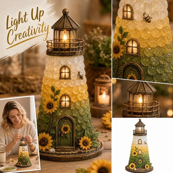 Diy Mosaic Lamp Kit with Sea Glass and Sunflower Lighthouse Design, 1 Set, Multicolor, for Adults and Home Decor, Craft Decoration