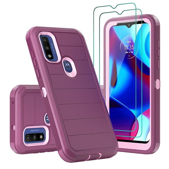 NIFFPD Moto G Pure Case, Moto G Power 2022 Case with Screen Protector Dual Layer Rugged Shockproof Anti-Drop Wine&Pink