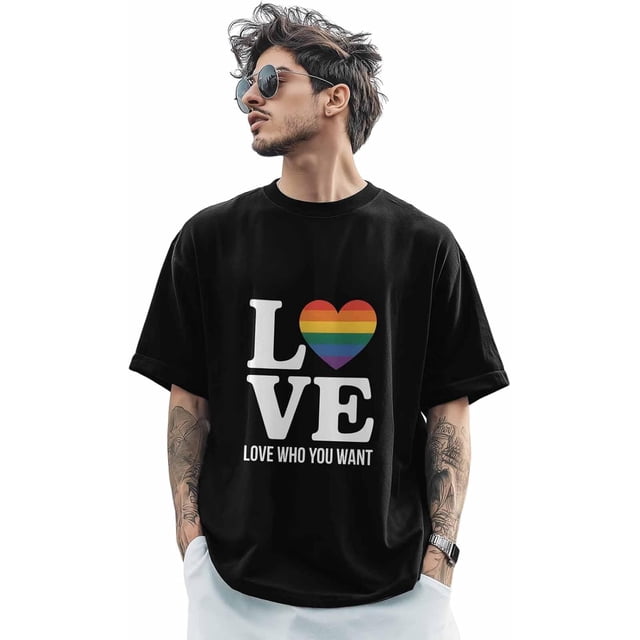 Camisetas para hombre, camiseta de algodón con cuello redondo y palabras de amor, manga corta, corazón a rayas de colores.