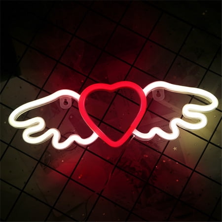 Valentine's Day Wing Heart Neon Sign, Angel Wing Heart LED Light, USB Battery Operated Wall Decor, Pink Red Romantic Night Light for Bedroom, Wedding, Anniversary, Proposal,Party Decorations