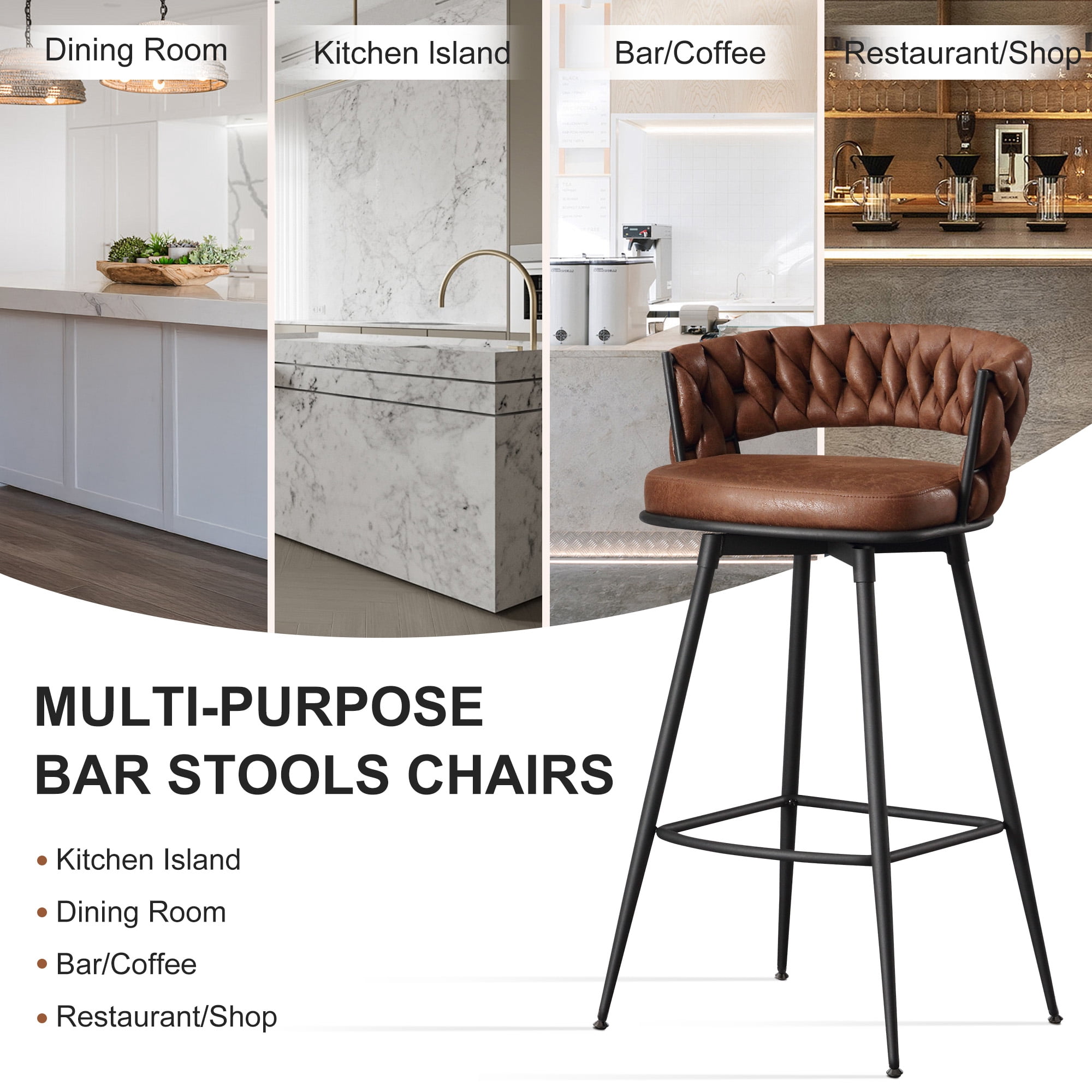 MYFUNT Bar Stools Set of 4, 30" Counter Height Stools, 180° Swivel Woven Back Barstools with Metal Footrest, Modern Bar Stools for Kitchen Island, Cafe, Pub, Brown