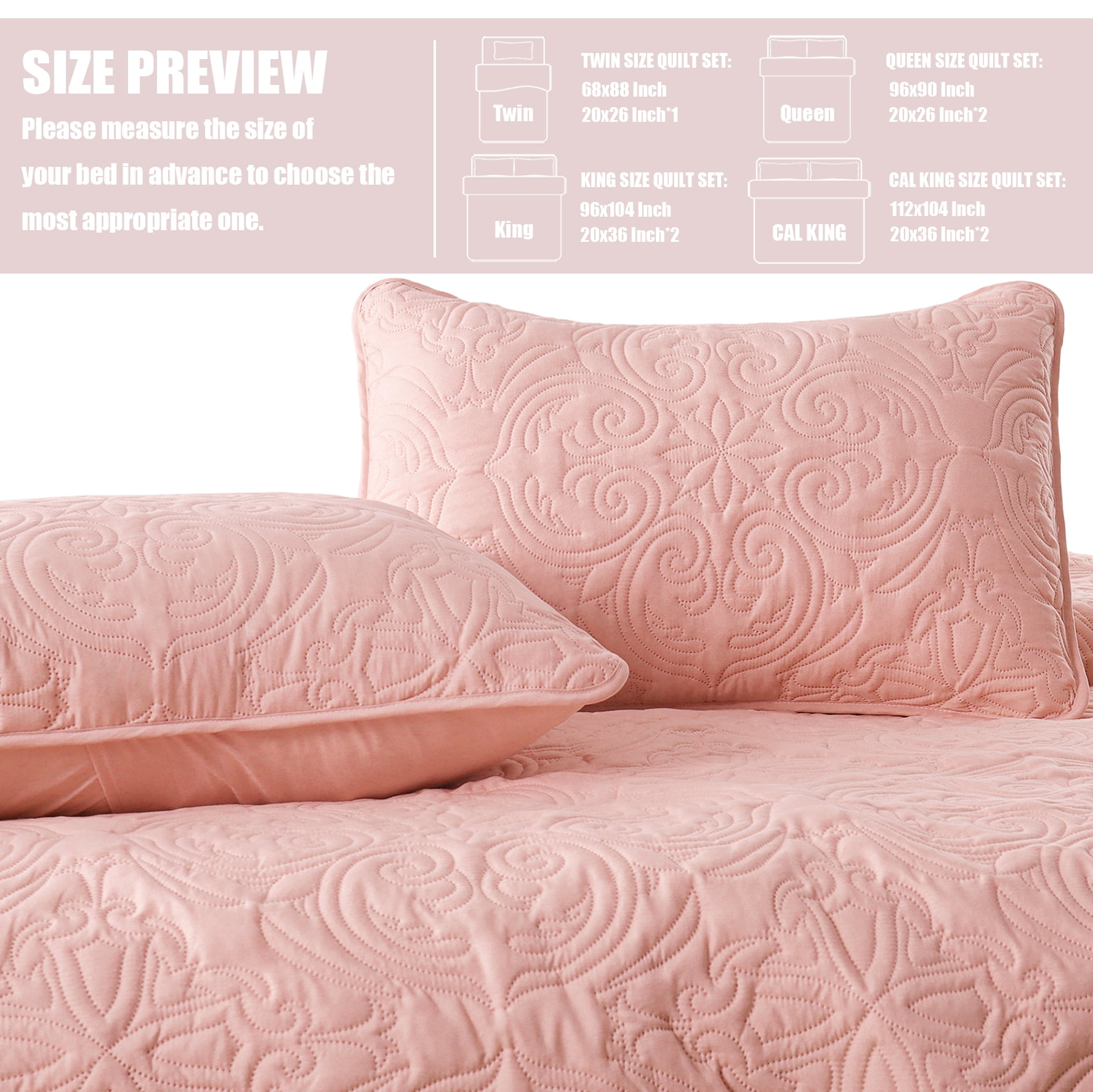 Exclusivo Mezcla King Quilt Bedding Set, Lightweight Vintage King Size Quilts with Pillow Shams, Soft Bedspreads Coverlets for All Seasons (104"x96", Blush Pink)
