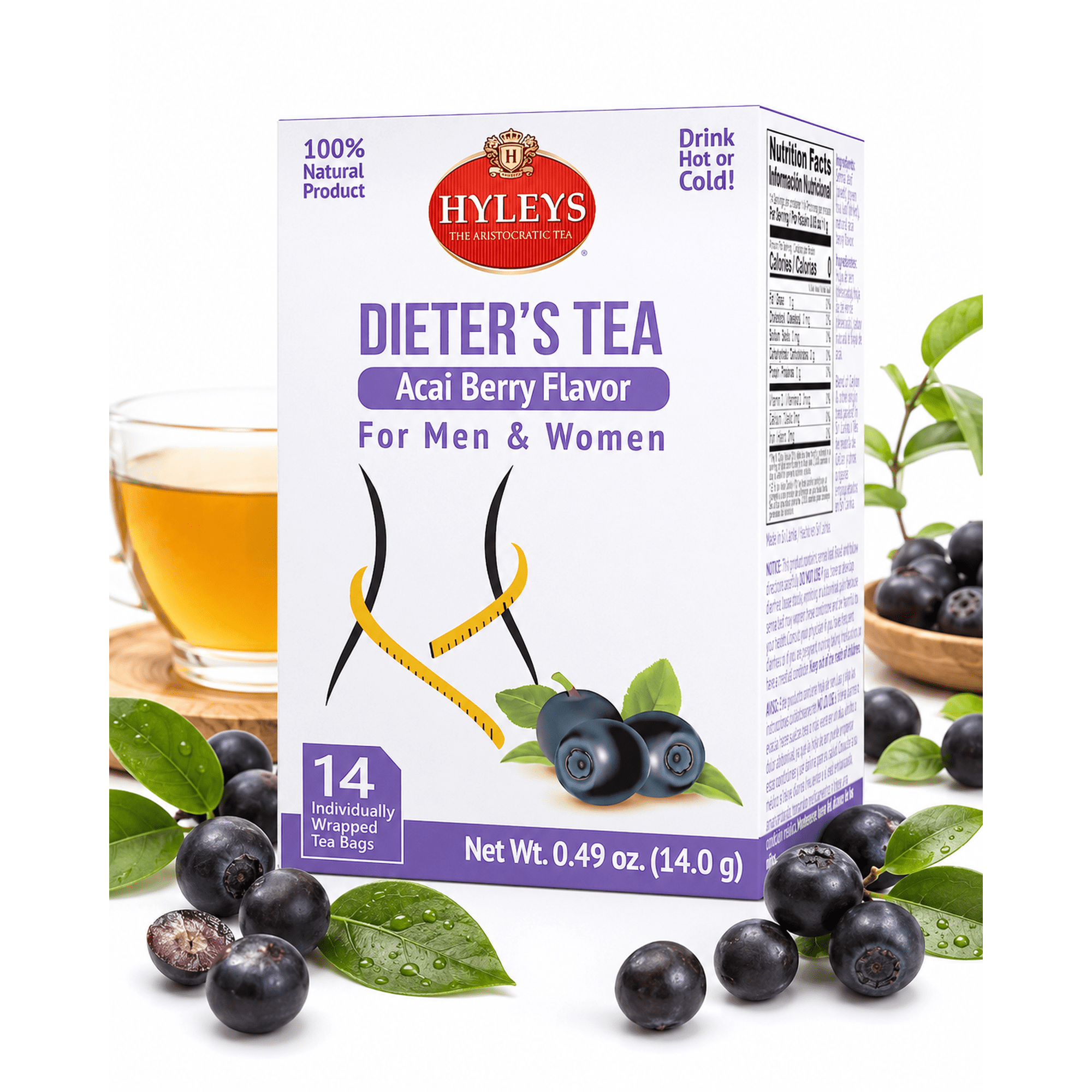 Hyleys Weight Loss Tea - Green Tea Fat Burner with Senna Leaf - Acai Berry Flavor - 14 Tea Bags - Digestive Tea