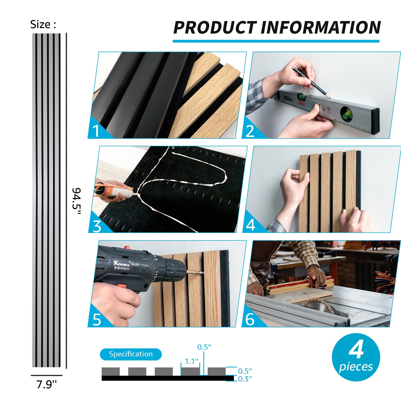 Art3dwallpanel 4Pcs 94.5'' x 7.9'' Wood Slat Acoustic Panels, MDF 3D Wall Panel for Accent Wall Ceiling Office,Brushed Silver