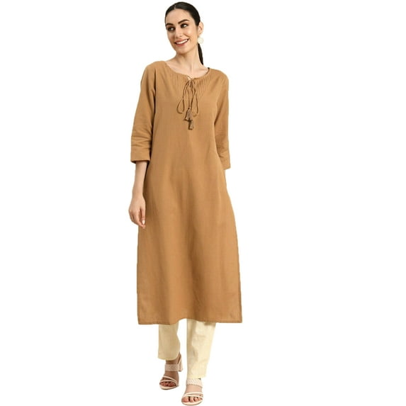 eloria Women's Fashion Solid Front Dori Tie-Up Neck Design Kurti, Fabric : Cotton, Color : Light Brown, Size : Small