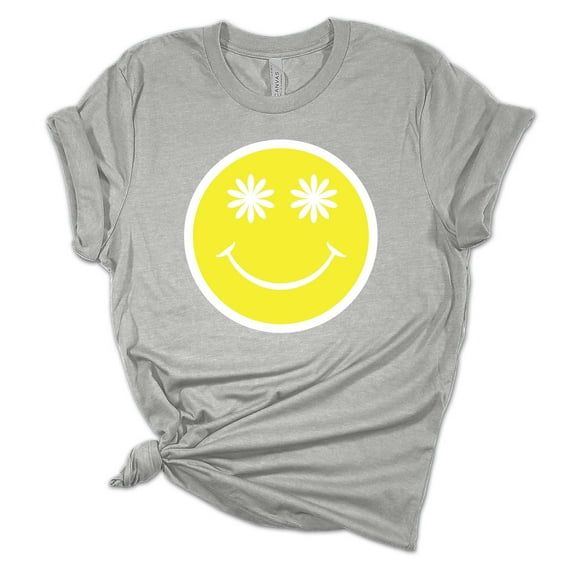Womens Happy Face Smile with Daisy Eyes Unisex Fit Short Sleeve T-shirt Graphic Tee-Sports Grey-large