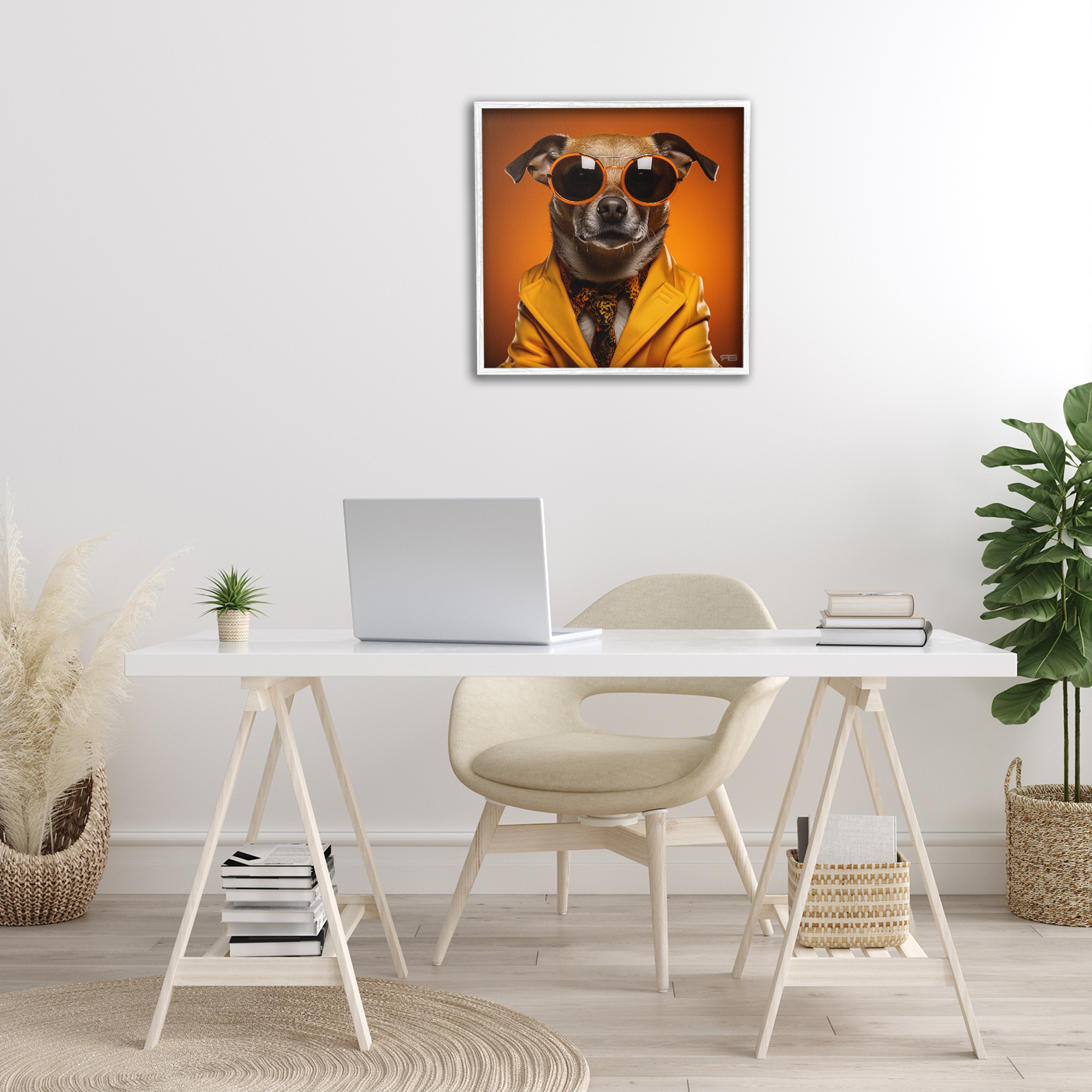 Stupell Industries Trendy Dog Yellow Suit Animals & Insects Painting White Framed Art Print Wall Art, 24 x 24