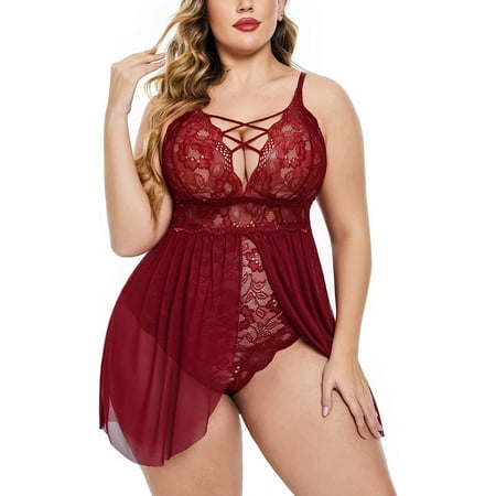 Avidlove Lace Lingerie Women s Sexy Nighty Sleepwear Plus Size Bodysuit Lingerie (Wine Red Large)