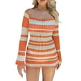 thumbnail image 3 of Biekopu Women's Summer Knit Slim Dress, Stripe Print Long Sleeve Crochet Eyelet Hollow Out Short Dress, 3 of 9