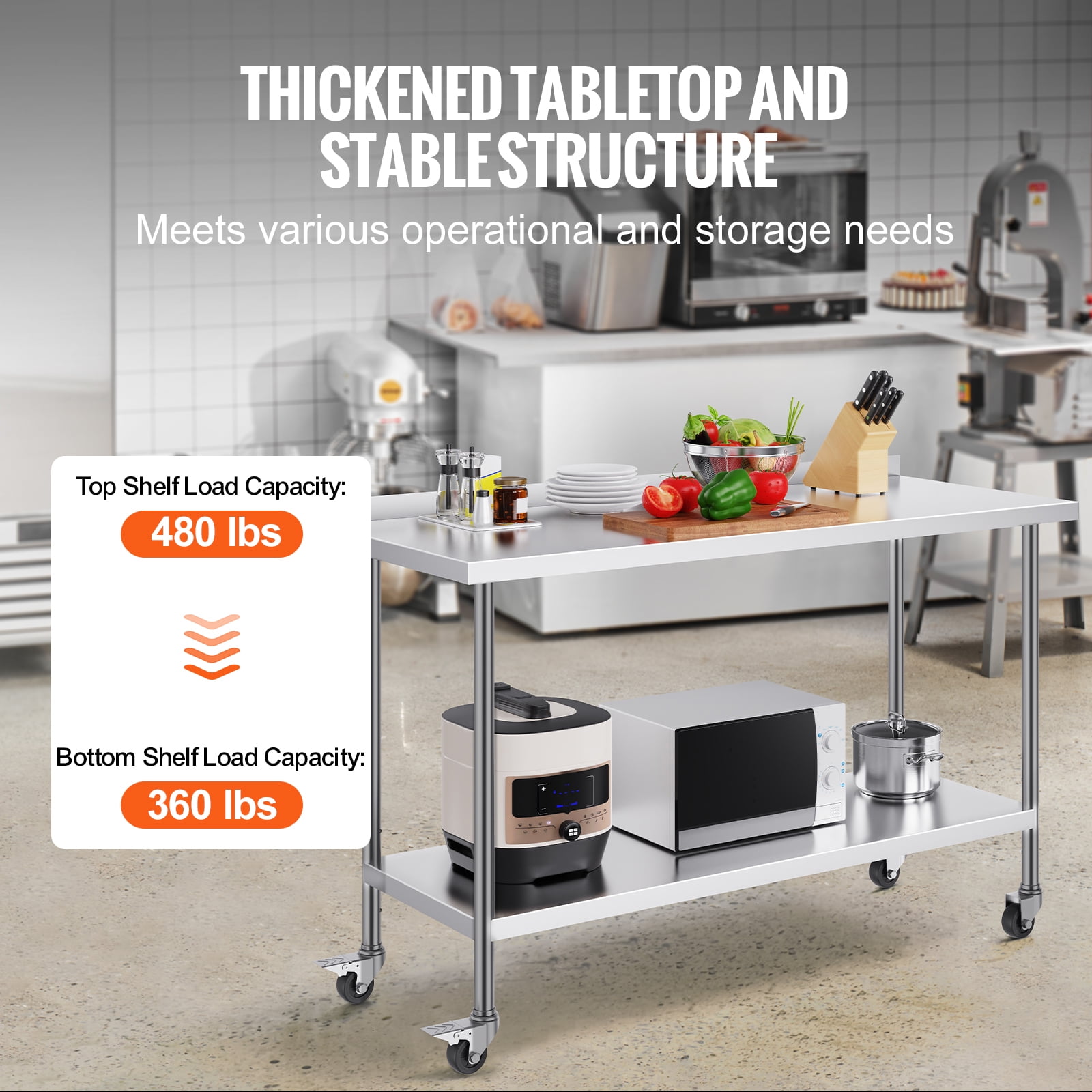 KFFKFF 24 x 60 x 40 Inch Stainless Steel Work Table, Commercial Food Prep Table with Wheels, Durable Metal Workstation with Adjustable Height for Kitchen, Home, and Hospitality Use