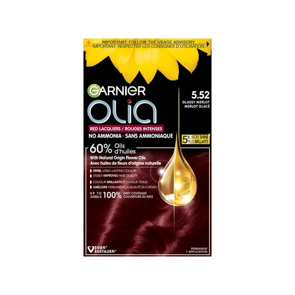 Garnier Olia Ammnoia-Free Permanent Hair Dye, 5.52 Glassy Merlot, 60% Oil