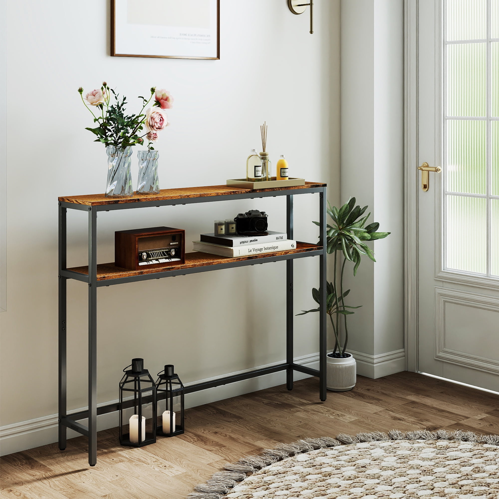LEDREM 2-Tier Console Table with Shelves,Narrow Entryway Table,39.4-inch Modern Table,Adjustable Feet,Rustic Brown and Ink Black