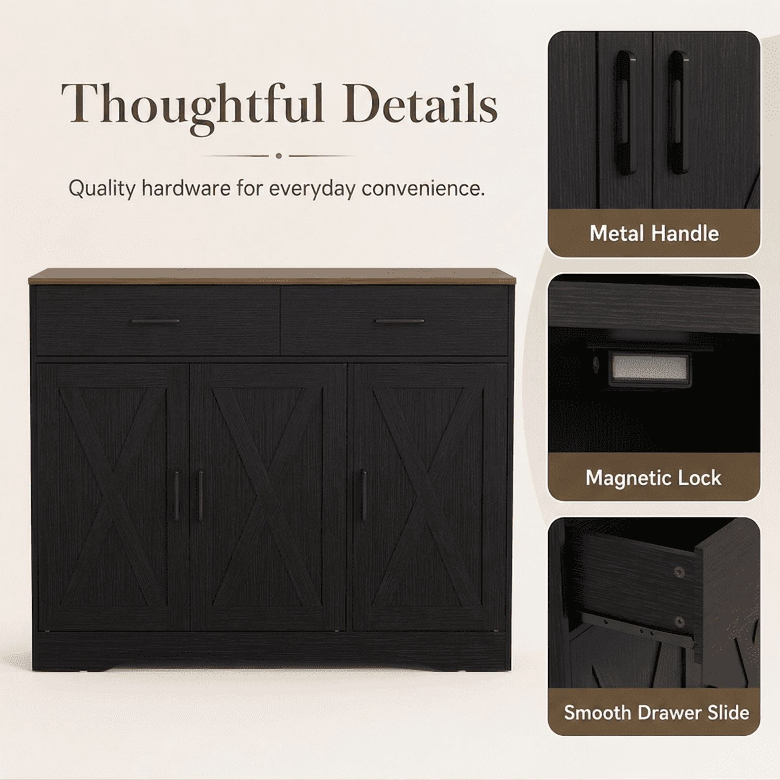 Lacoo Farmhouse Sideboard Buffet Cabinet with 2 Drawers and 3 Doors, Kitchen Storage Cabinet with Adjustable Shelf, Coffee Bar Cabinet for Dining Room and Living Room, Black