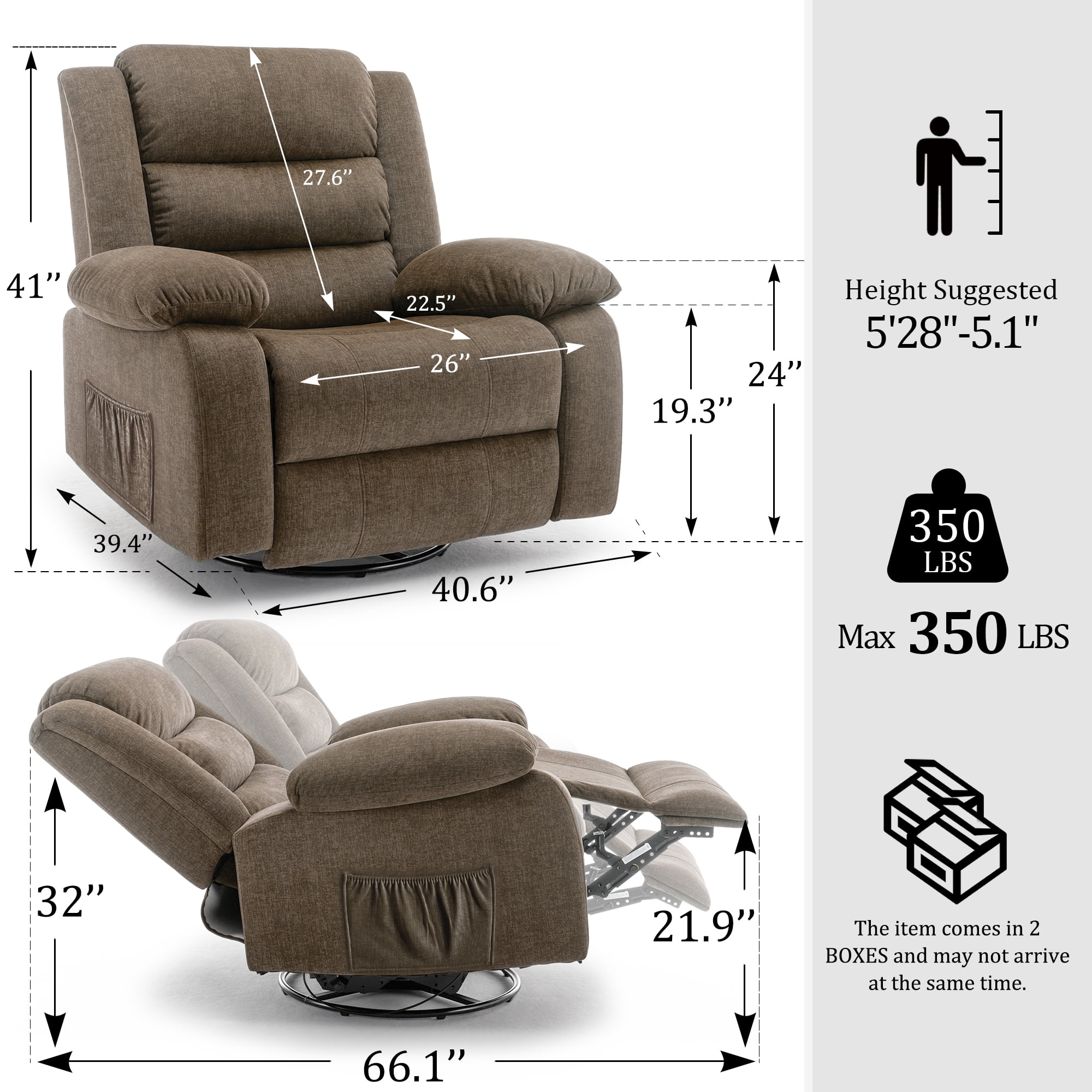 Korser Oversized Swivel Rocker Recliner Chair for Adults 40.6'' Wide for Nursery Living Room,Brown