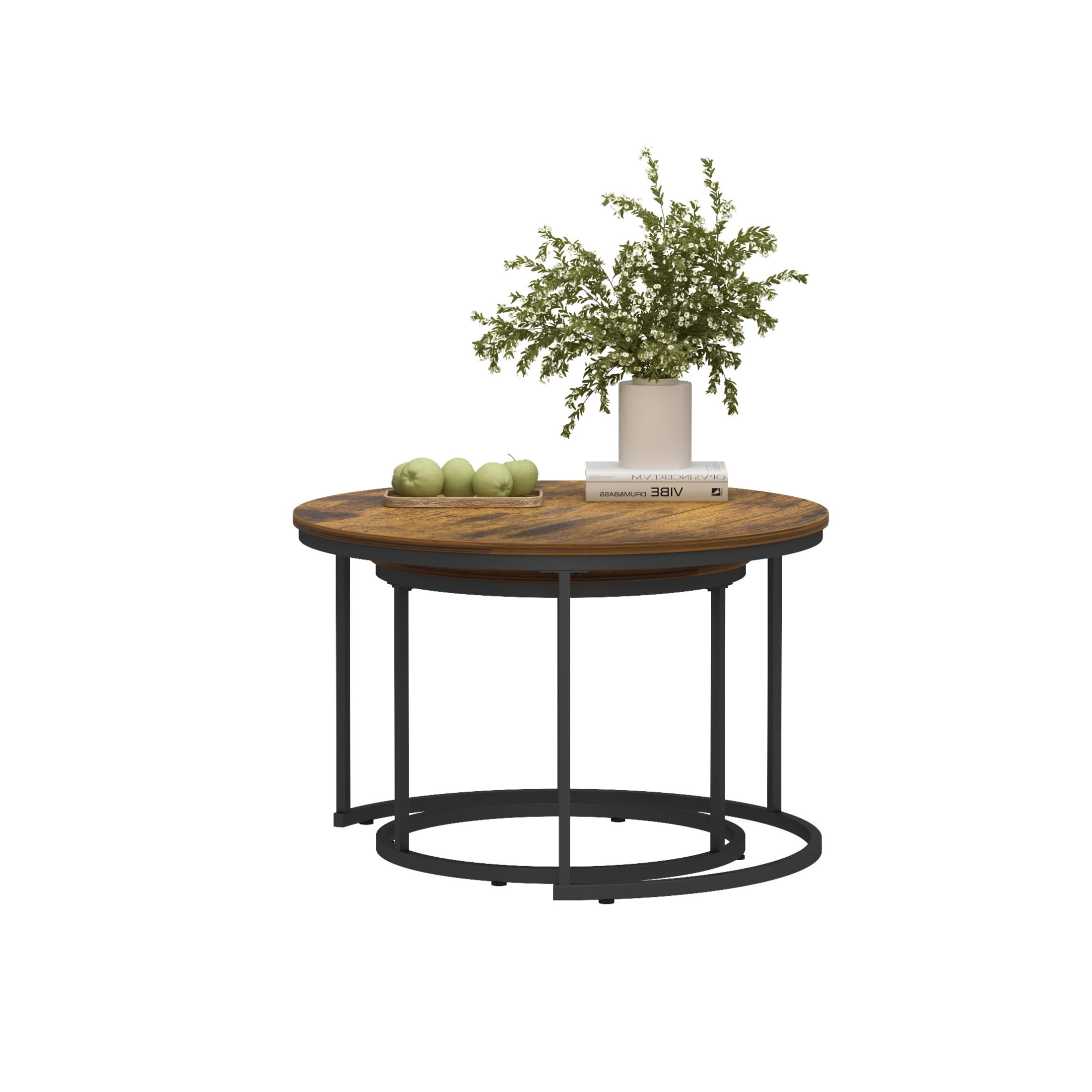 Noble House Lazura 27.6" Grain Look Nesting Coffee Table Set, Round MDF Top with Metal Base, Rustic Brown, Set of 2