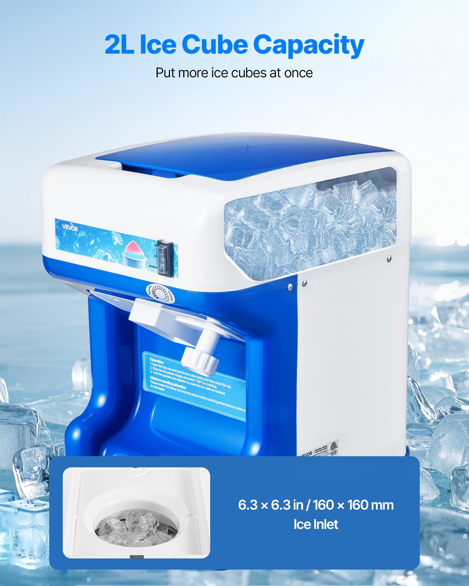 VEVOR Commercial Ice Shaver Crusher,286lbs Per Hour Electric Snow Cone Maker with 2L Ice Cube Box,250W 1500RPM Tabletop Shaved Ice Machine for Parties Events Snack Bar,Home and Commercial Use (Blue)