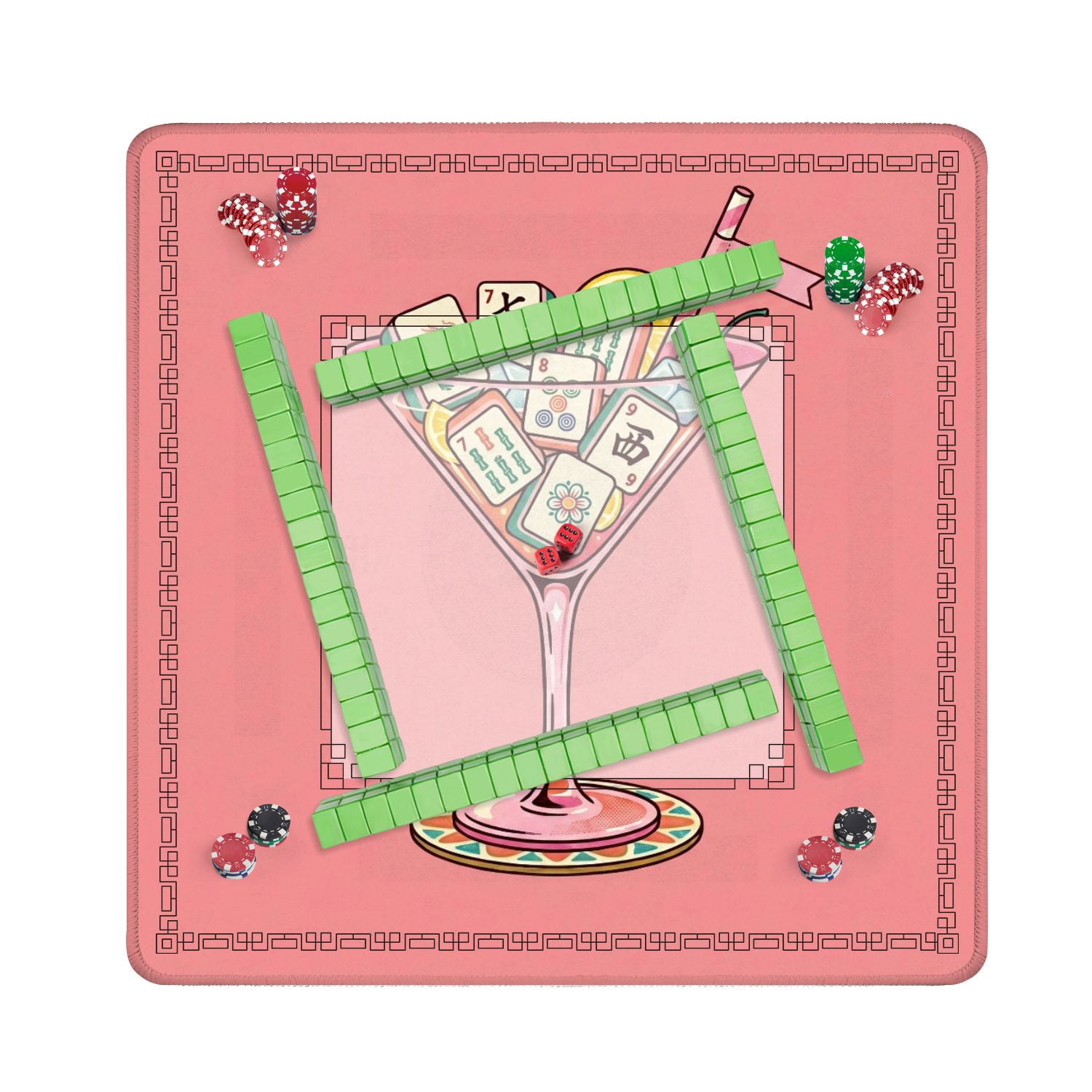Mahjong Mat 31.5" x 31.5" Colorful Mahjong Tiles Cocktail Glass Fruit Garnish Straw Pink Style Non-Slip Noise Reduction American Mahjong Tiles Table Cover for Dominoes Poker Card Board Games Gift