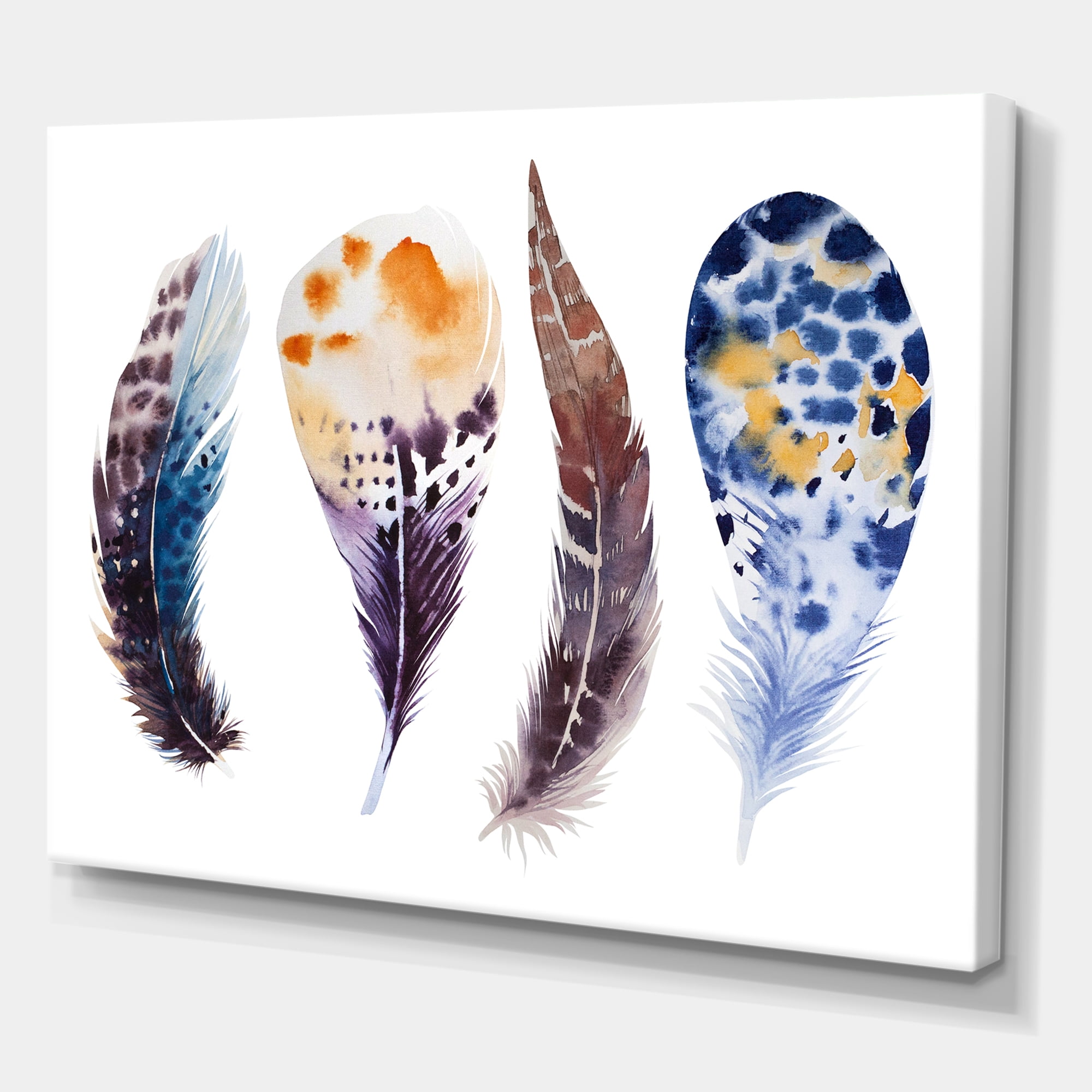 Designart ' Colourful Boho Feather Set On White VIII ' Bohemian & Eclectic Canvas Wall Art Print