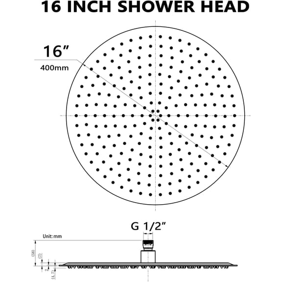 16 Inch Rainfall Shower Head, Stainless Steel Round Shower Head, Extra Large Ceiling Mount Shower Head, Matte Black