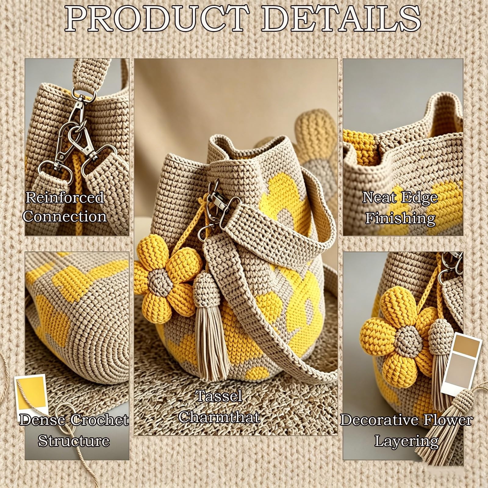 Handmade Crochet Flower Tote Knit Boho Beach Handbags Crossbody Shoulder Bag for Women Large Capacity Design