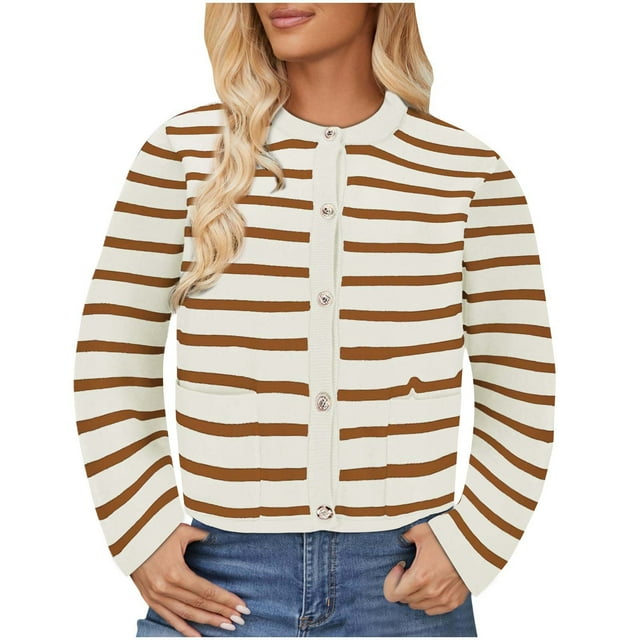MeetoTime Cardigan à Manches Longues Rayé pour Femmes, Boutonné, Ouvert, Tricoté, avec Poches