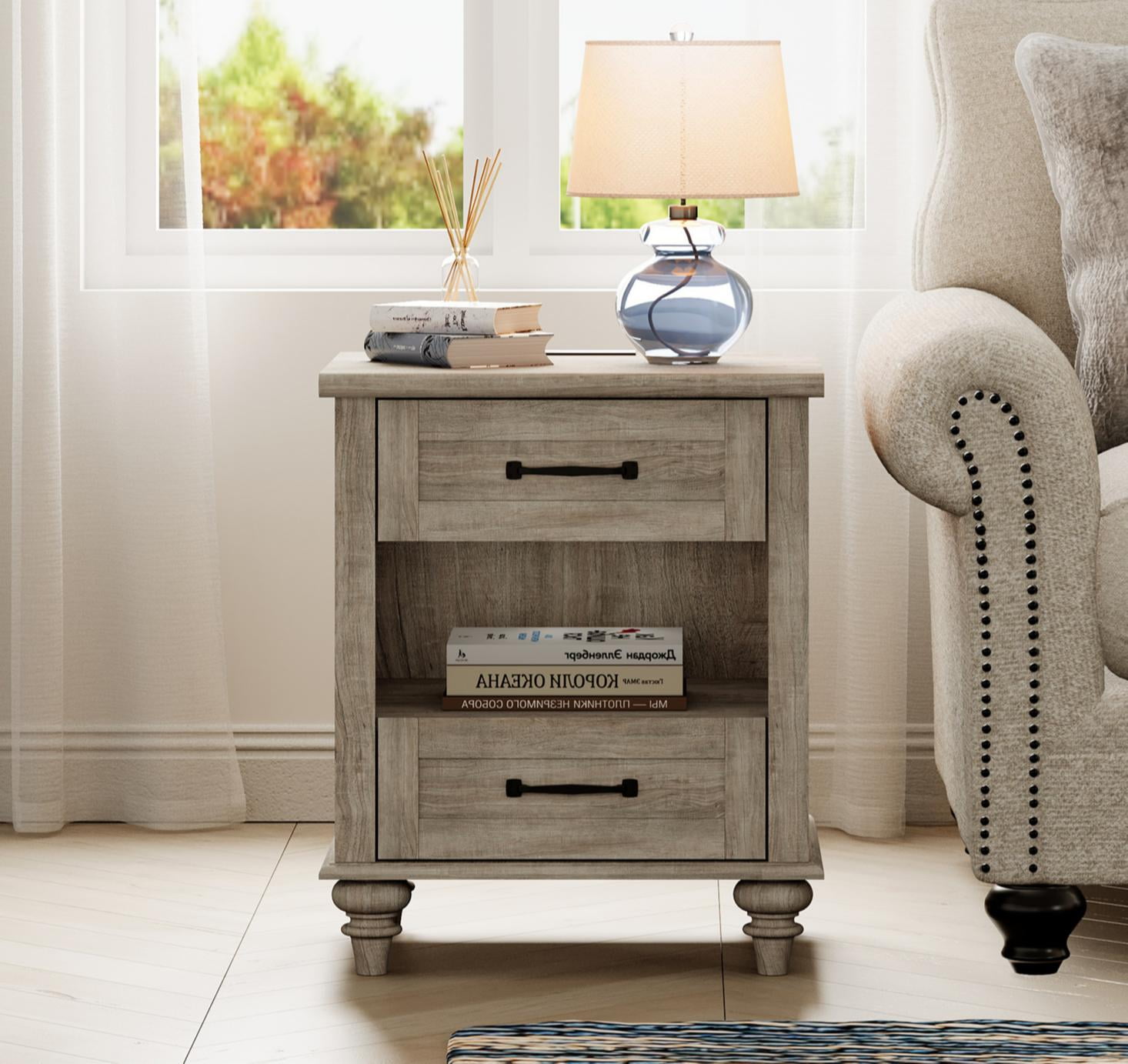 Side Table with 2 Drawers & Open Shelf, Farmhouse End Table with Charging Station, Wooden Nightstand for Bedroom & Living Room, Grey