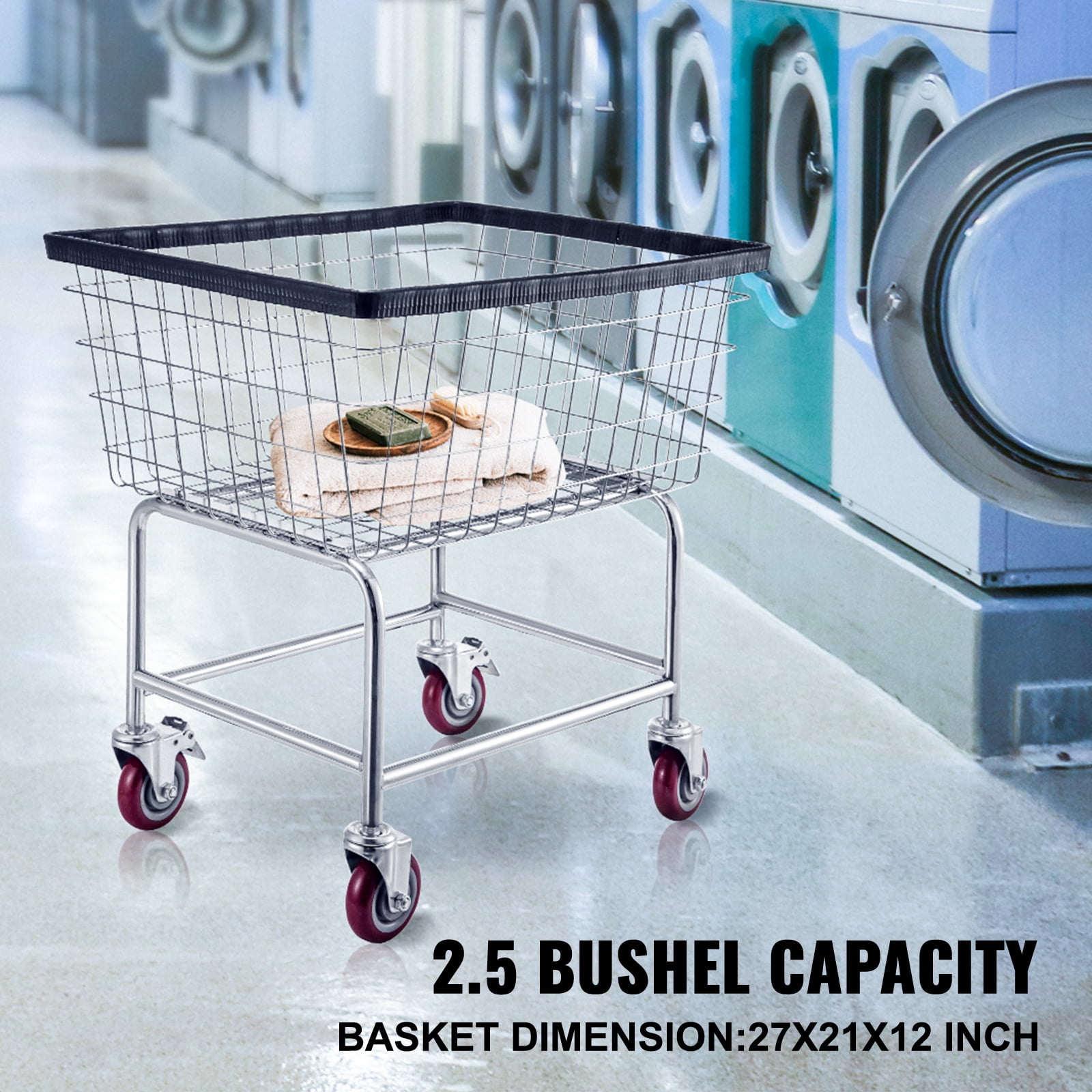 KFFKFF 2.8 Bushel Wire Laundry Basket Wire Laundry Cart with Wheels, 20''x15.7''x26'' Commercial Steel Frame with Chrome Finish, 4inch Casters, Wire Basket Cart for Laundry