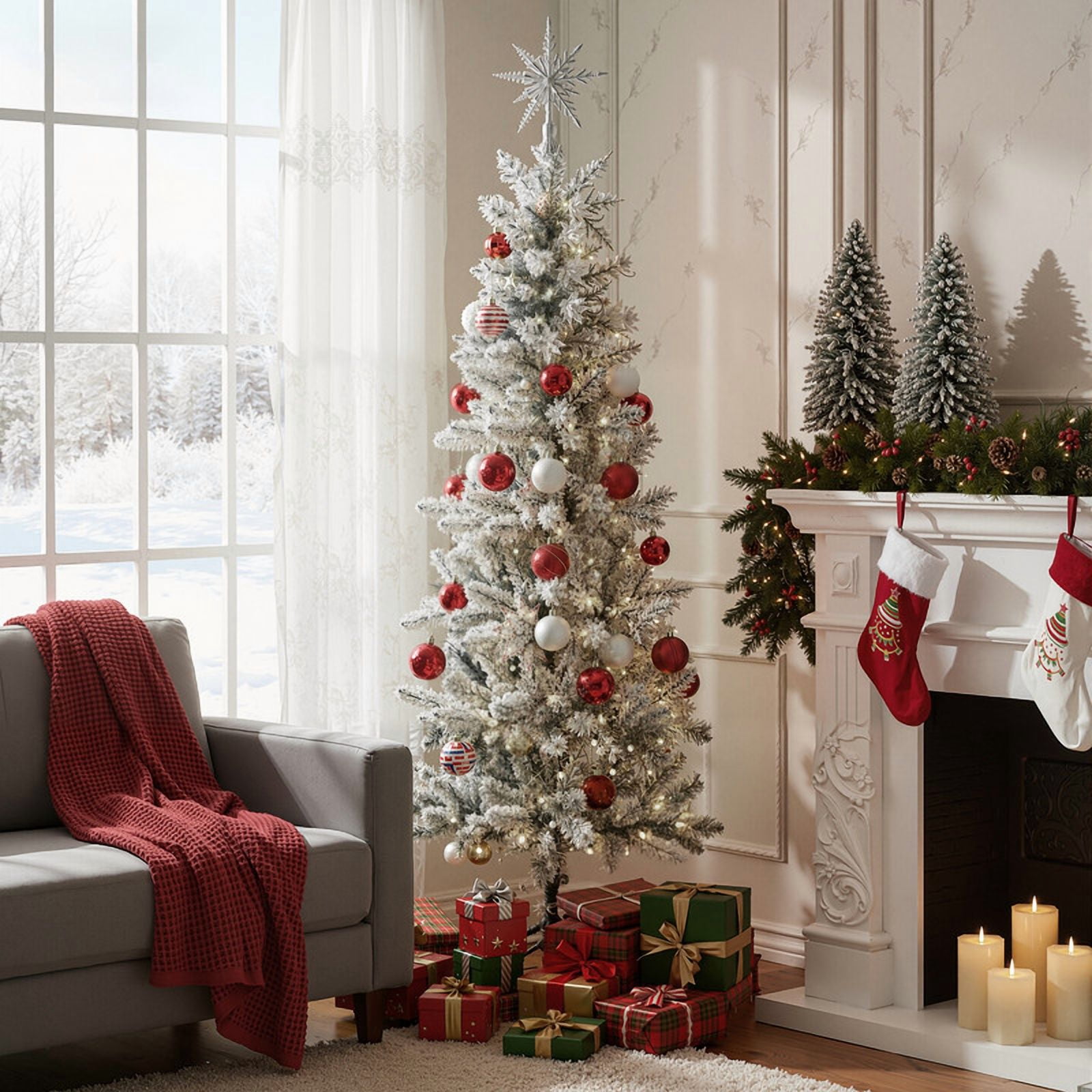 Gianna 4.5ft Snow Flocked Pencil Christmas Tree, Prelighted Artificial Slim Christmas Trees with 120 Incandescent Lights, 268 Branch Tips & Foldable Base for Home, Office, Party Decoration