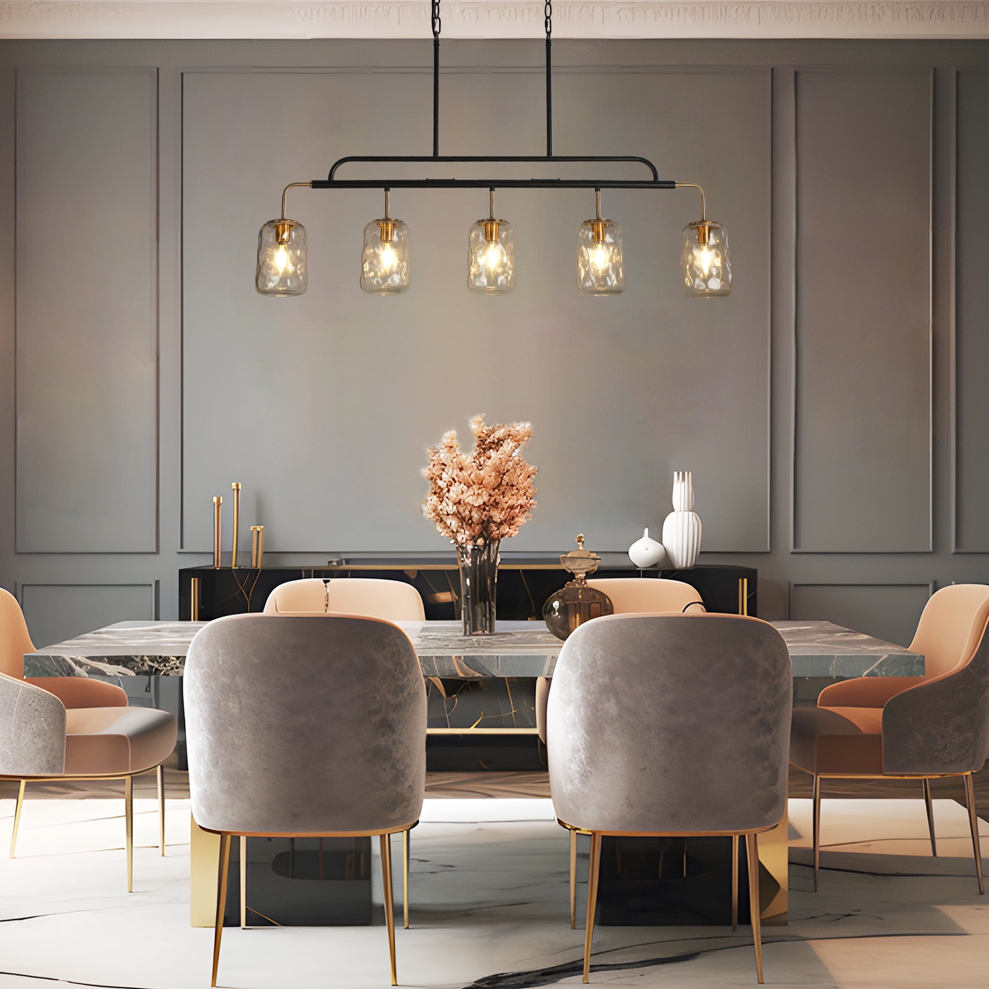 LNC Black & Gold 5-Light Linear Chandelier with Ripple Glasss, for Kitchen Island