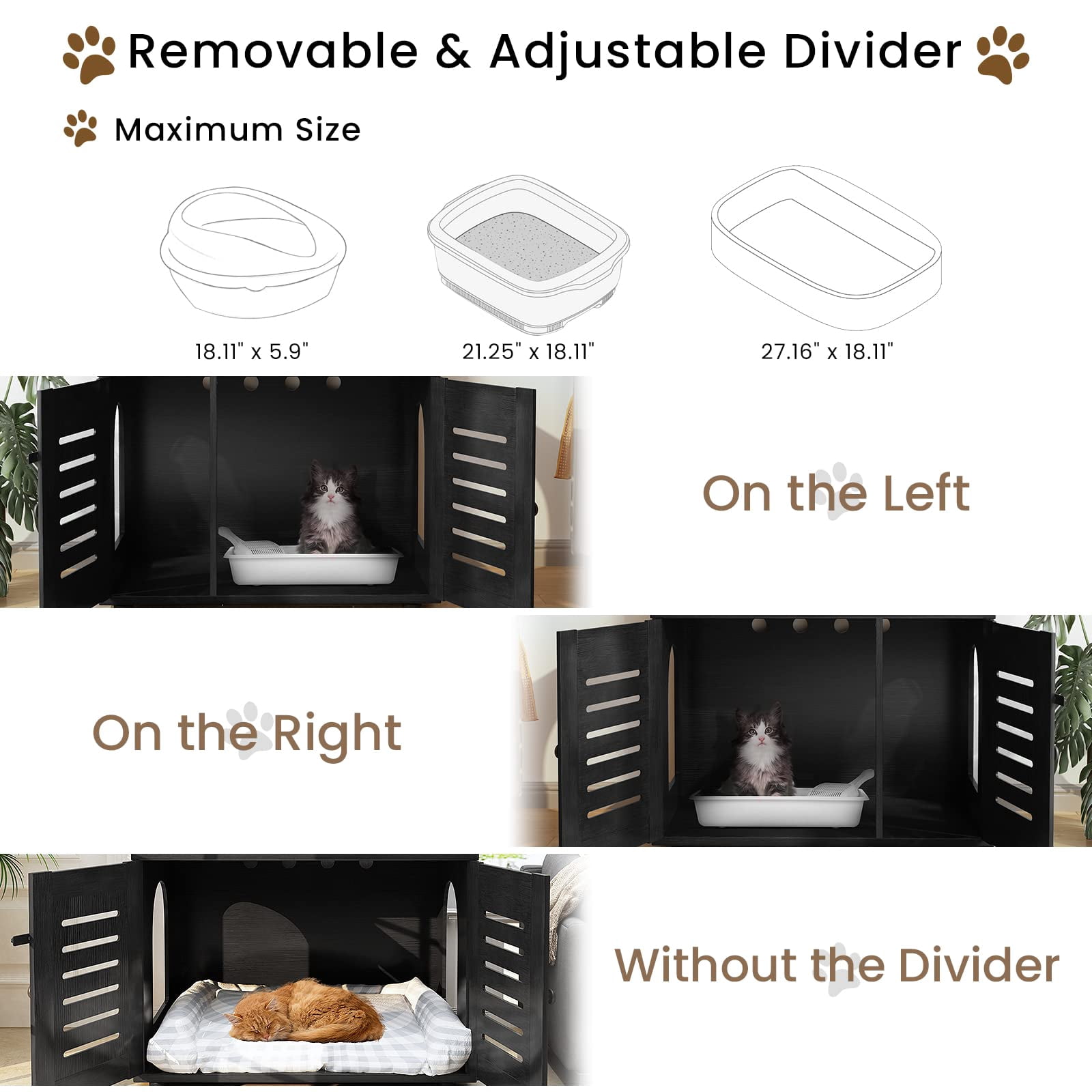 Baxluxe Cat Litter Box Enclosure with Cat Tree, Hidden Cat Washroom Furniture with Divider, Wooden Cat House with Platform, Scratching Post and Soft Plush Perch, Indoor Pet Cabinet, Black