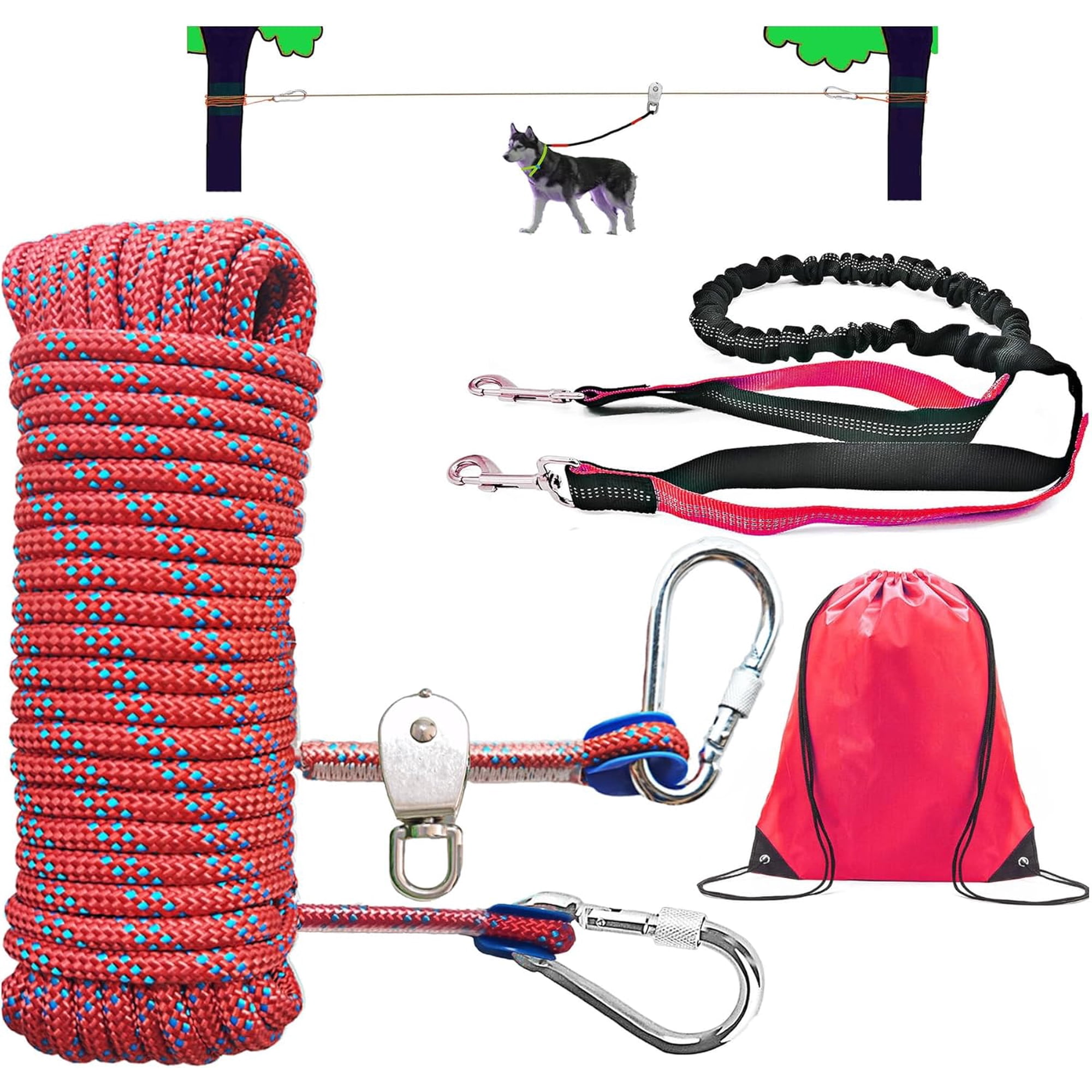 Dog Tie Out Cable for Camping Dog Trolley System and 4ft Bungee Leash for Dogs Up to 400lbs Suitable for Camping Yard and Outdoor Events (Red25 50Ft)