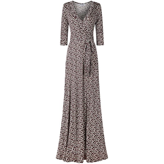 Bon Rosy, Women's, 3/4 Sleeve V-Neck Printed Maxi Faux Wrap Dress, Black, XL
