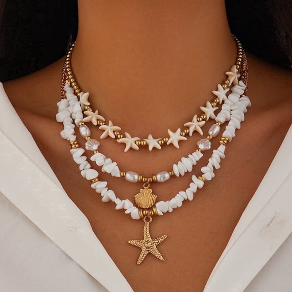 NICKSUN Shell Necklaces for Women Layered Gold Boho Beaded Seashell Choker Adjustable Imitation Pearl Starfish Necklace Beach Jewelry Hawaiian Summer Accessories for Women