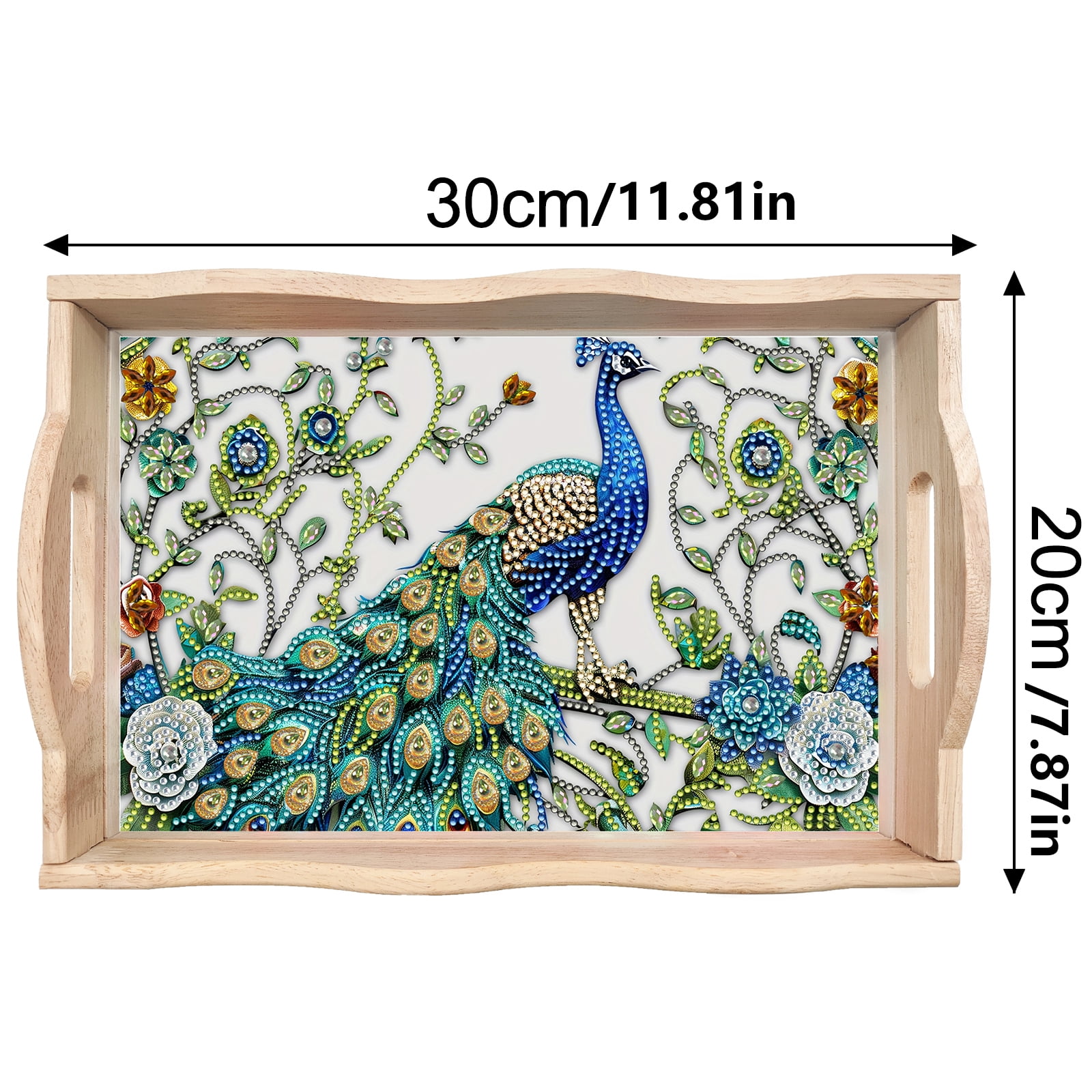 FLOPESN DIY Diamond Art Painting Handmade Wooden Tray,Creative Design Serving Dinner Plate for Coffee Living Room Home Organizer-Peafowl