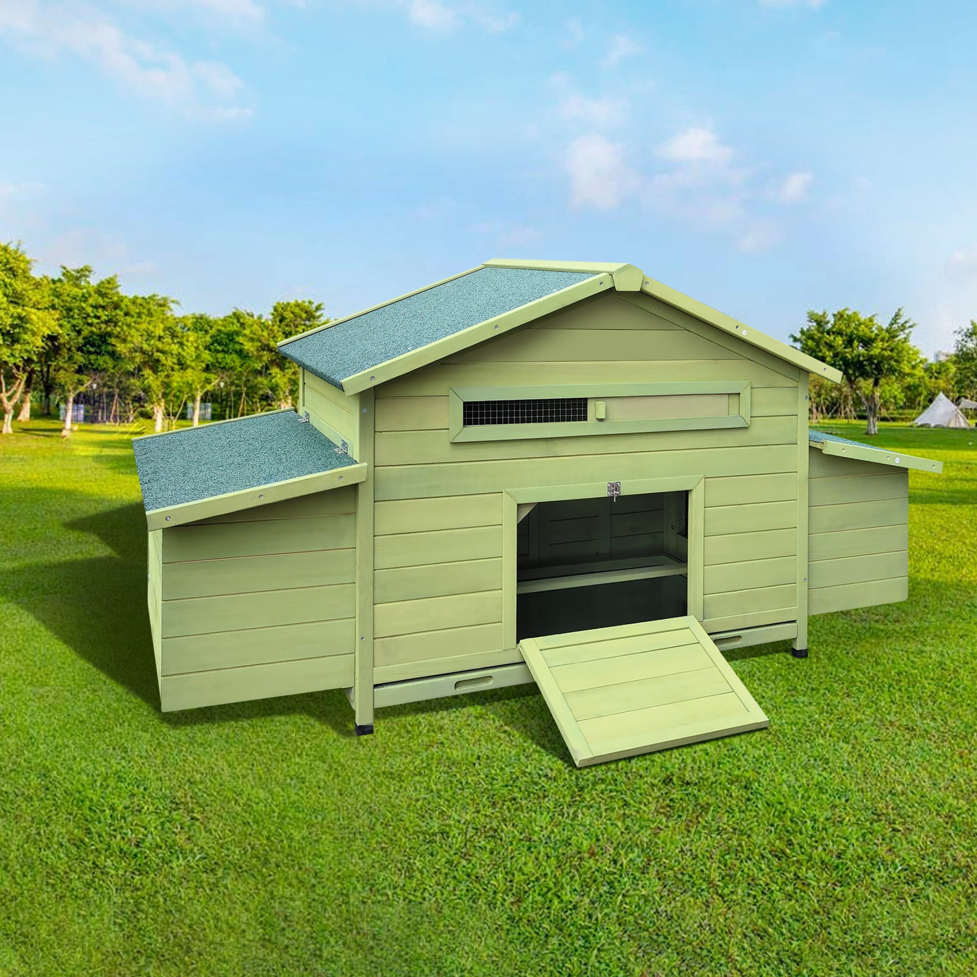 Pefilos 67" Wood Chicken Coop for Outdoor with Water-Resistant Roofs, Large Hen House with Nest Boxes, Rabbit Hutch Poultry Cage, Green