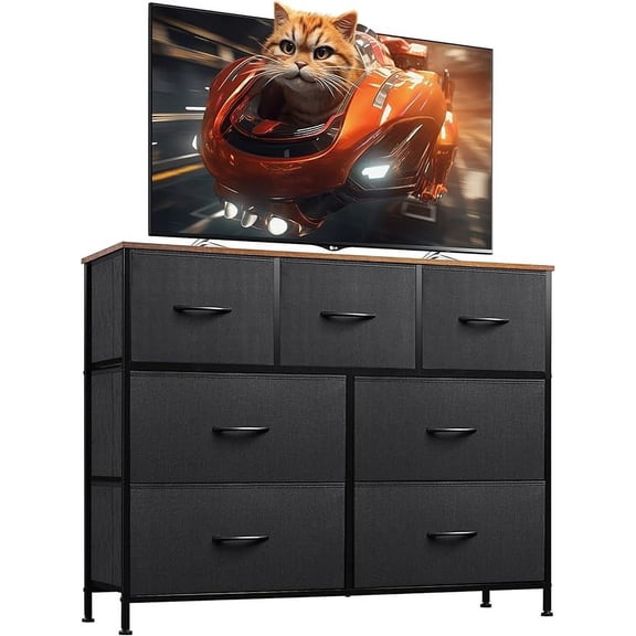 7 Drawer Dresser TV Stand, Entertainment Center, Media Console Table with Metal Frame and Wood Top for TV up to 45 inch, Chest of Drawers for Bedroom, Living Room, Black and Rustic Brown