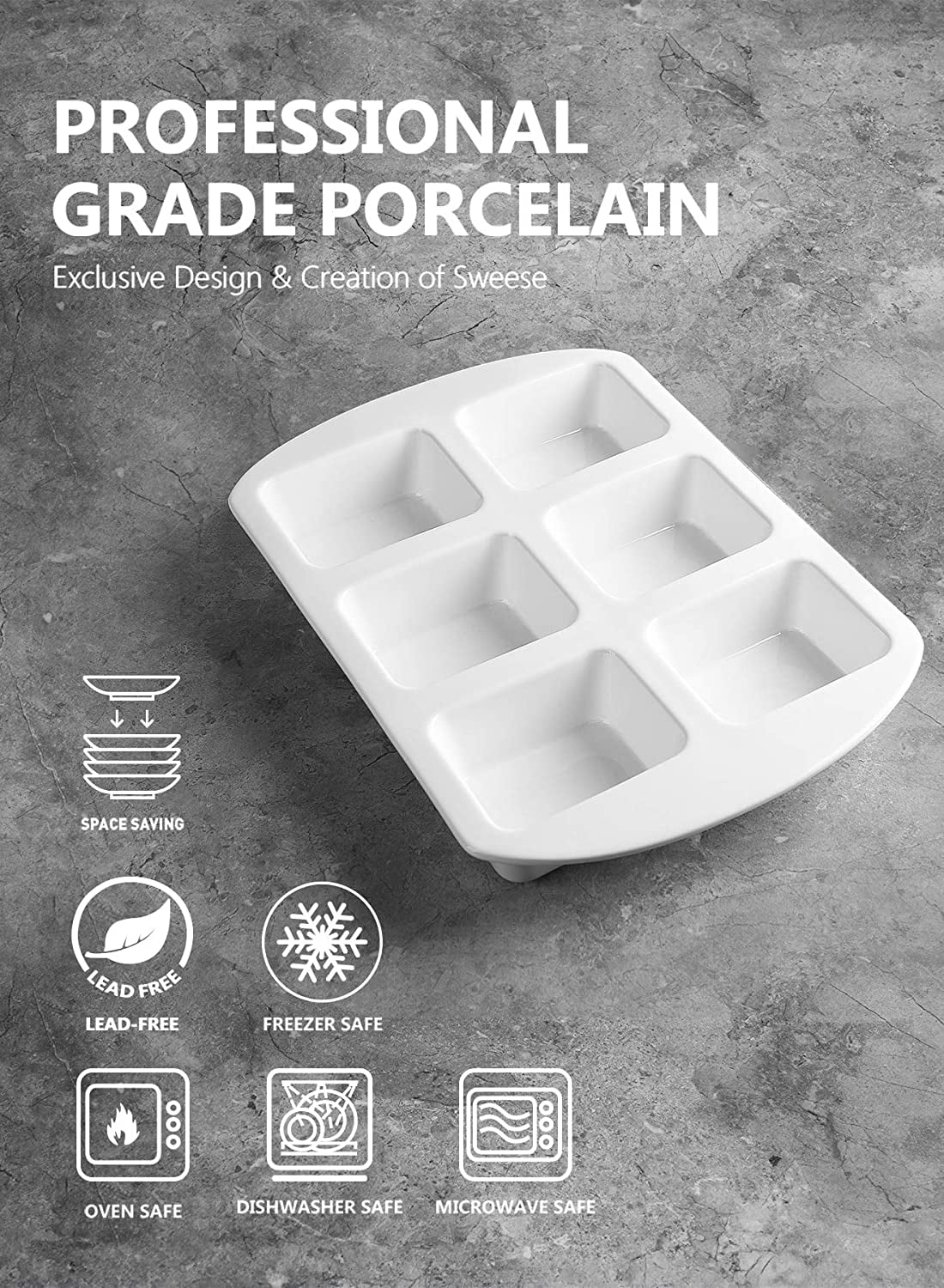 Non-Stick Square Muffin Cupcake Pan White 6-Cavity Sweese 525.101 Porcelain Mini Loaf Pan