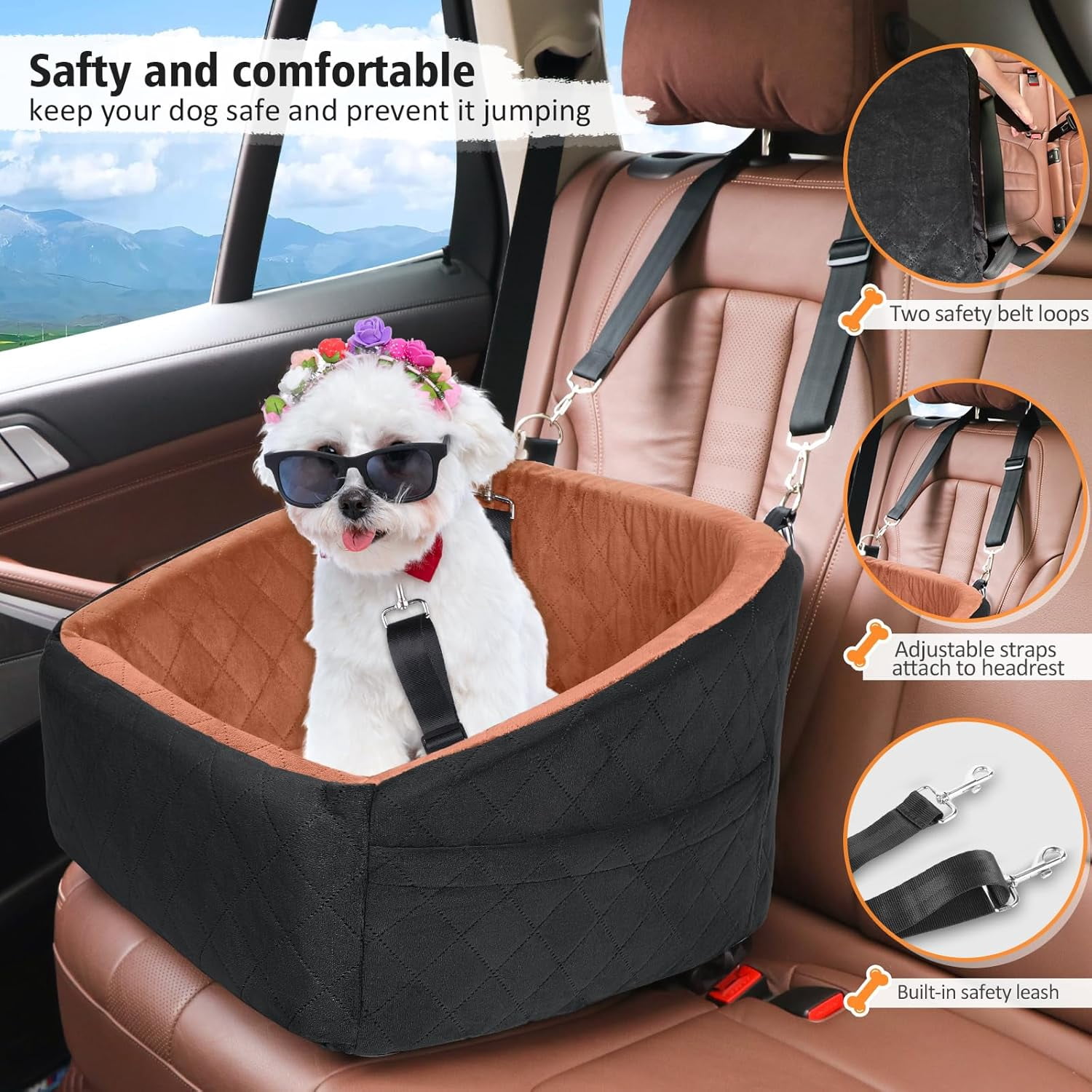 Dog Car Seat for Small Medium Dogs,Detachable Washable Dog Booster Seat Under 30lbs, Pet Car Seats Travel Bed with Storage Pockets and Safety Belt (Purple)