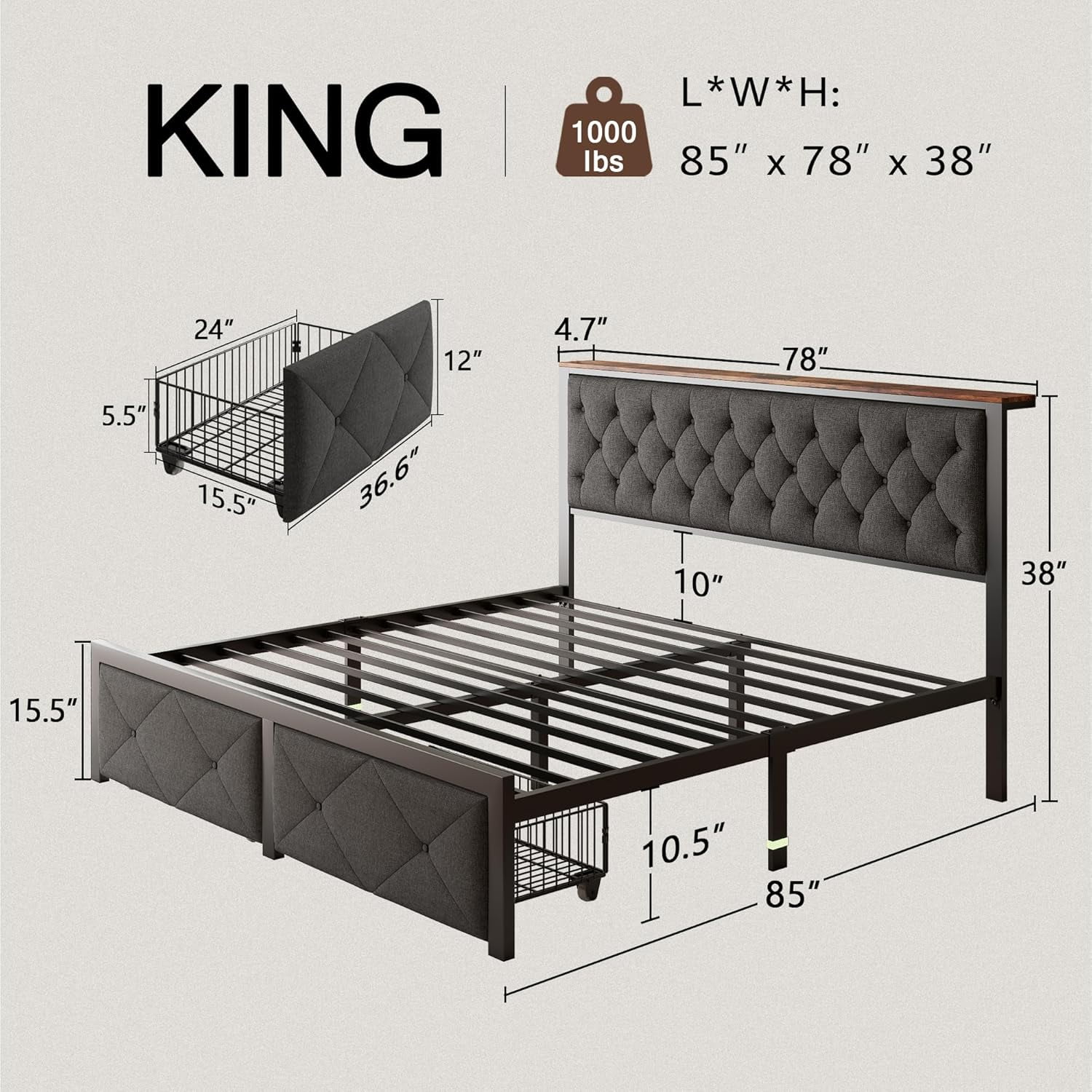 Honfach King Bed Frame with Storage Drawer, Metal Platform Bed with Charging Station, Upholstered Button Tufted Storage Headboard, Grey