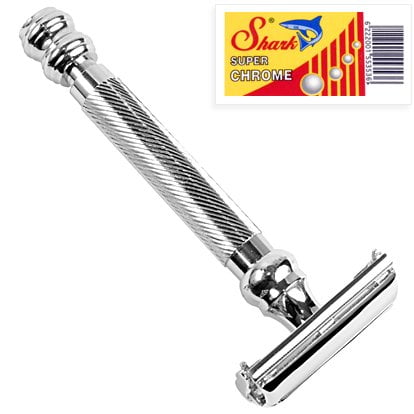 Powis Parker Fastback Super Strips (Parker 99R - Long Handle SUPER HEAVYWEIGHT Butterfly Open Double Edge Safety Razor & 5 Shark Super Chrome)