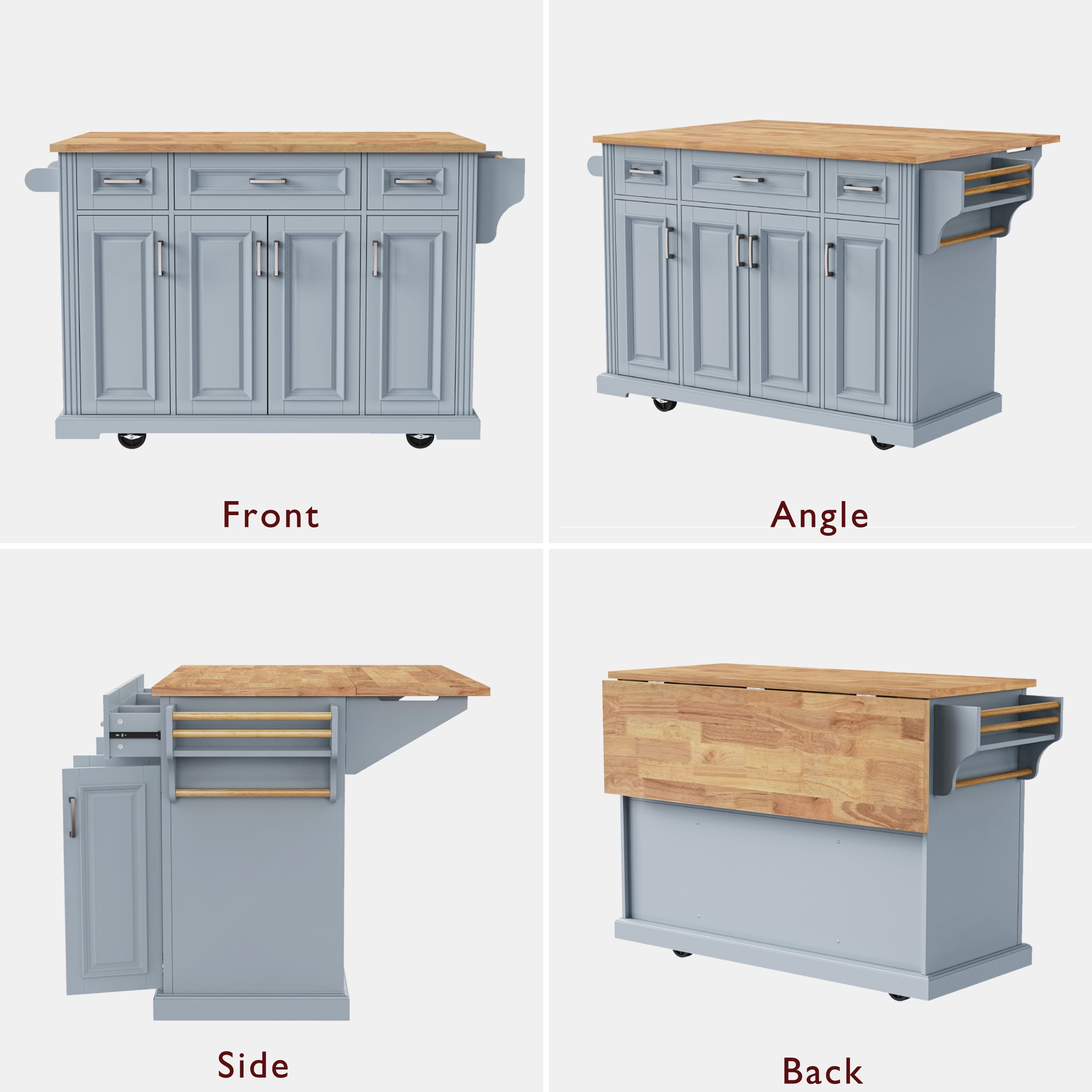 Yoneston 54" Large Kitchen Island with Drop Leaf, Rolling Kitchen Cart with Towel Rack Spice Rack and 4 Doors and 3 Drawers for Kitchen, Dining Room, Blue