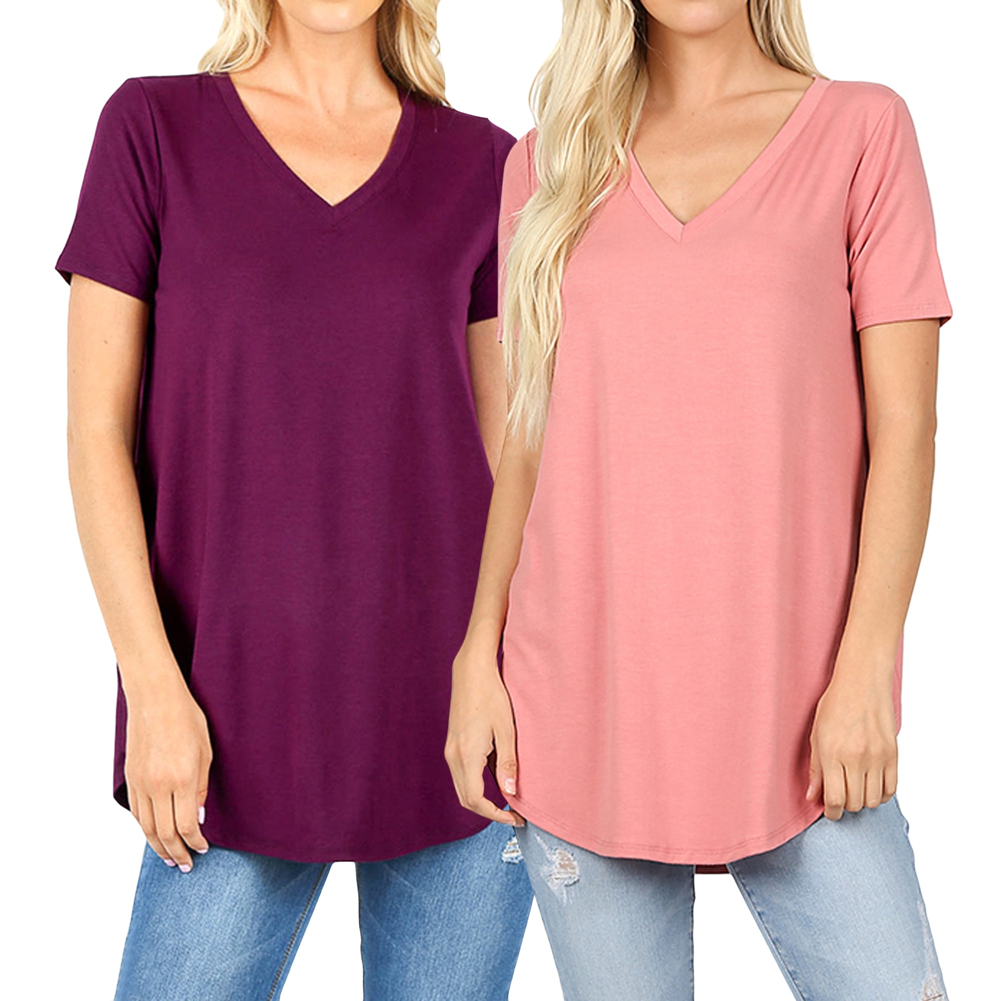Zenana Women Short Sleeve V Neck Round Hem Relaxed Fit Casual Tee