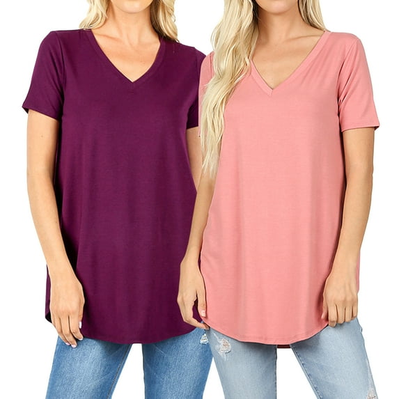 2 Packs of Zenana Women & Plus Short Sleeve V Neck Round Hem Relaxed Fit Casual Tee Shirt Top