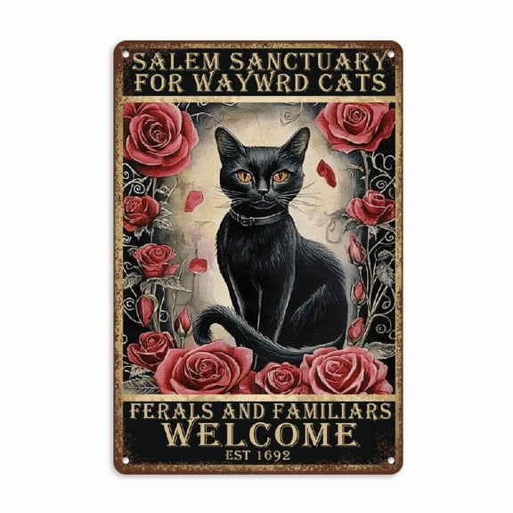 YNLLOOFA Salem Sanctuary For Wayward Cats Halloween Black Cat Halloween Decor Cat Lover Metal Signs Vintage Poster Home Bedroom Wall Art Gift