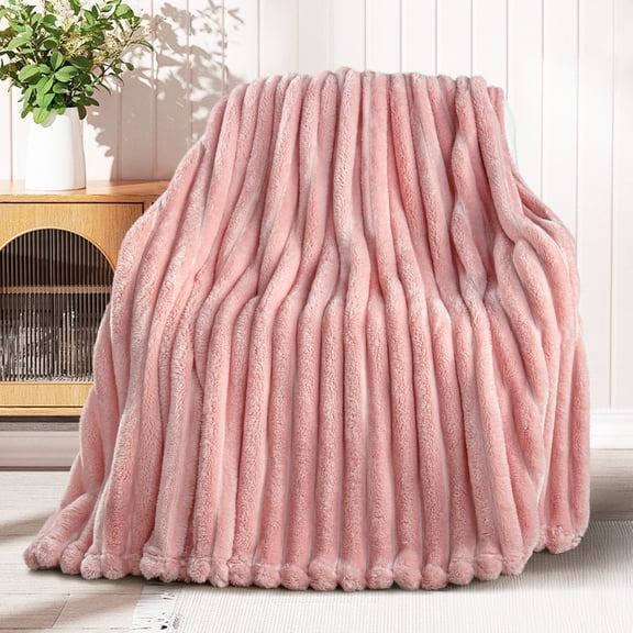 Exclusivo Mezcla Fleece Throw Blanket for Couch, Super Soft 3D Striped Jacquard Blanket, Lightweight Fuzzy Cozy Blankets, Pink, 50"x60"
